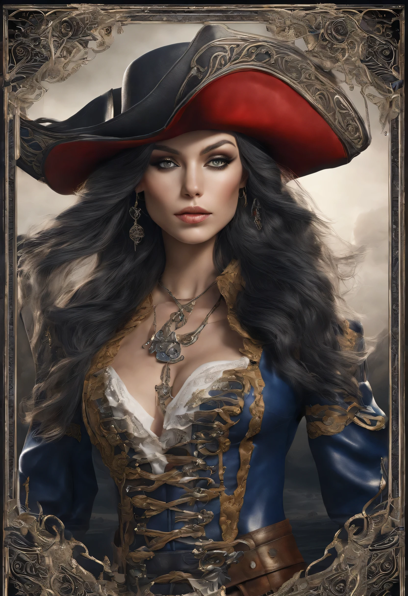 High quality, Super realistic pirate hat, 20 year old Pirate Maiden with heavenly beauty, rivaling the stars. Imagine, how she stands at the helm of a huge pirate ship in full view., silhouetted against the shimmering night sky of a crimson moon.. The vessel itself is a maritime masterpiece., decorated with intricate carvings, polished brass decorations and many mystical symbols from 1887.. " The Scarlet Moon Pirate wears a stunning ensemble, combining dark blue and silver tones., decorated with delicate lace and sparkling precious stones.. like a pendant hanging gracefully around her neck, highlighting her charming aura, Author: Yukisakura, high detail,