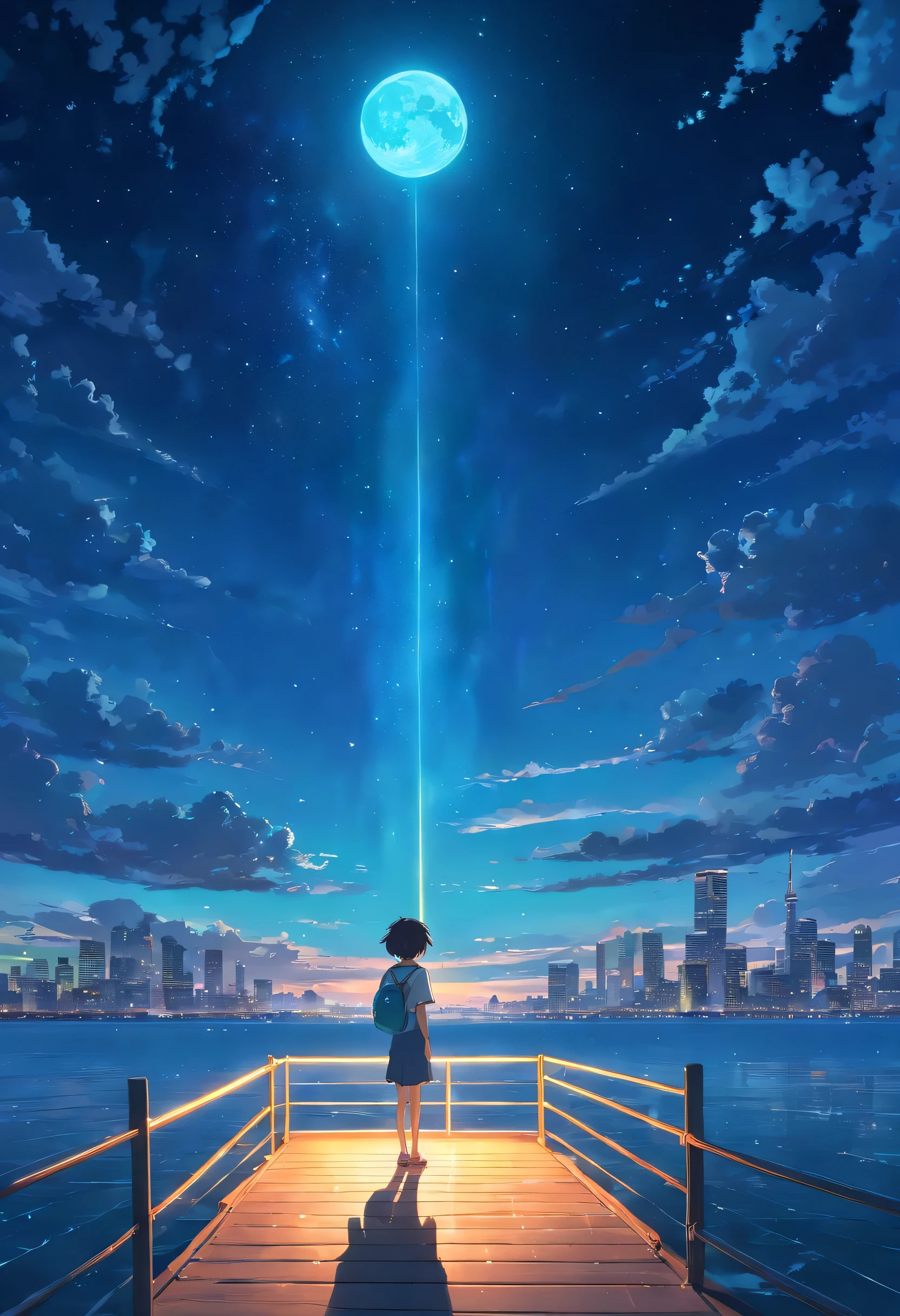 Vast night，the beautiful skyline，Large expanses of ocean，Intense and dramatic imagery，the moving visual effects，High hanging moon，Colorful natural light。A little boy sits on a lonely boat，Look at the cyan Kong Ming lantern floating in the sky，The whole night sky is covered with cyan