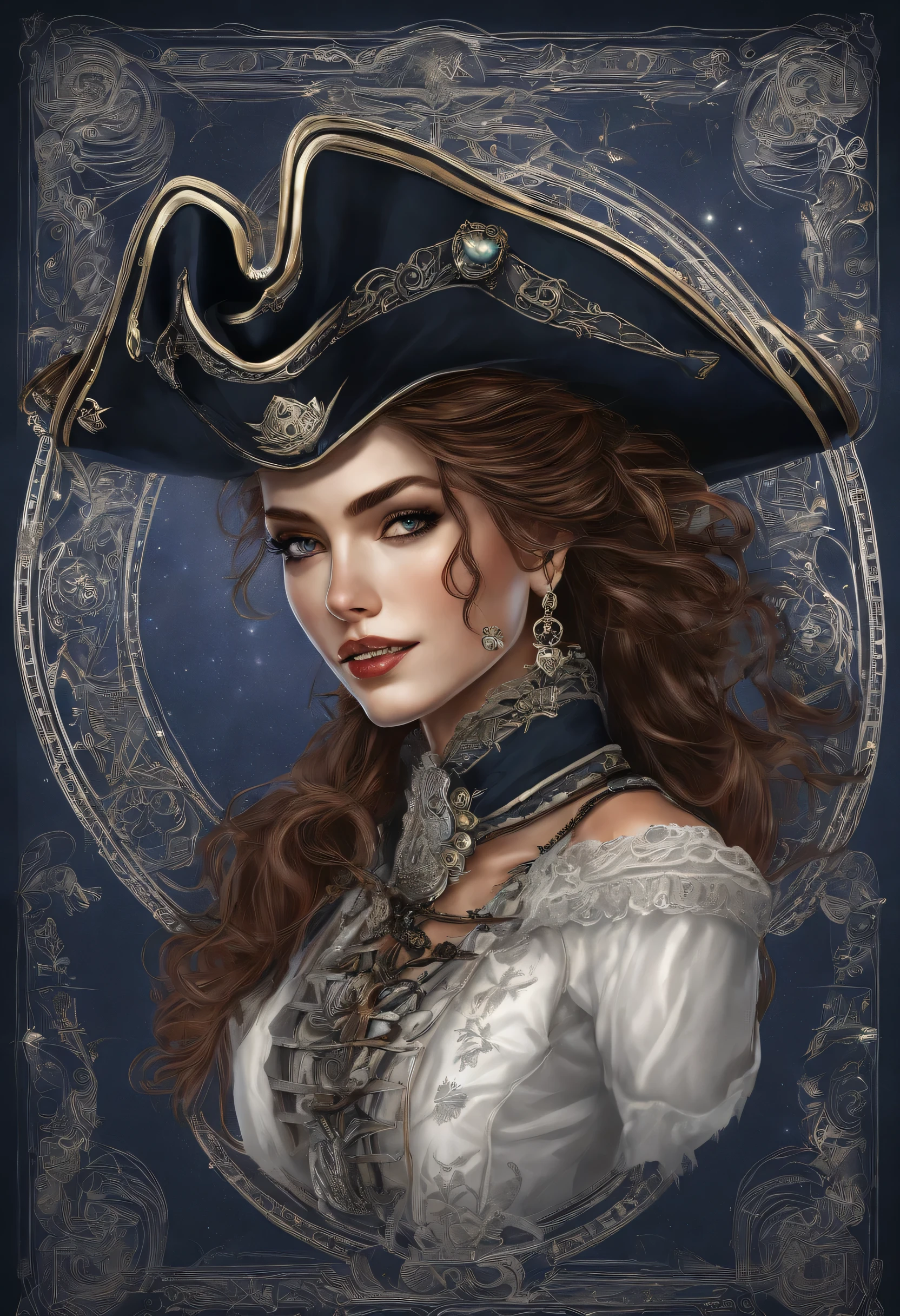 High quality, Super realistic pirate hat, 20 year old Pirate Maiden with heavenly beauty, rivaling the stars. Imagine, how she stands at the helm of a huge pirate ship in full view., silhouetted against the shimmering night sky of a crimson moon.. The vessel itself is a maritime masterpiece., decorated with intricate carvings, polished brass decorations and many mystical symbols from 1887.. " The Scarlet Moon Pirate wears a stunning ensemble, combining dark blue and silver tones., decorated with delicate lace and sparkling precious stones.. like a pendant hanging gracefully around her neck, highlighting her charming aura, Author: Yukisakura, high detail,