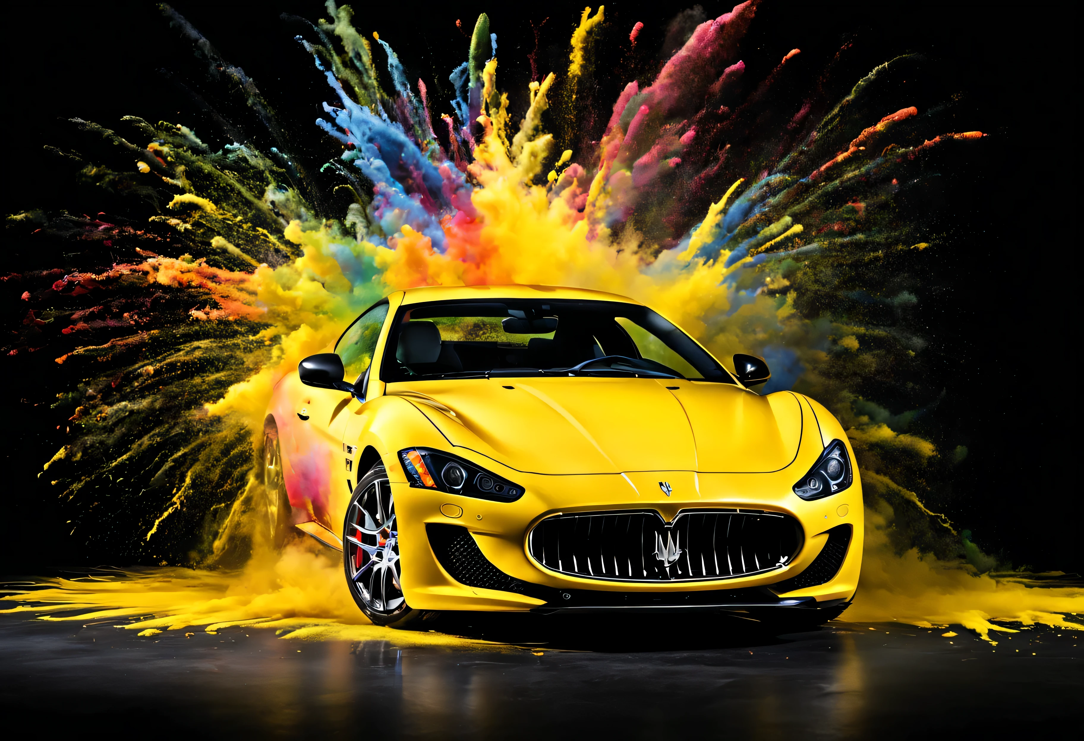 Maserati Granturismo, jaune, multicolored paint explosions in the background, photo studio fond noir