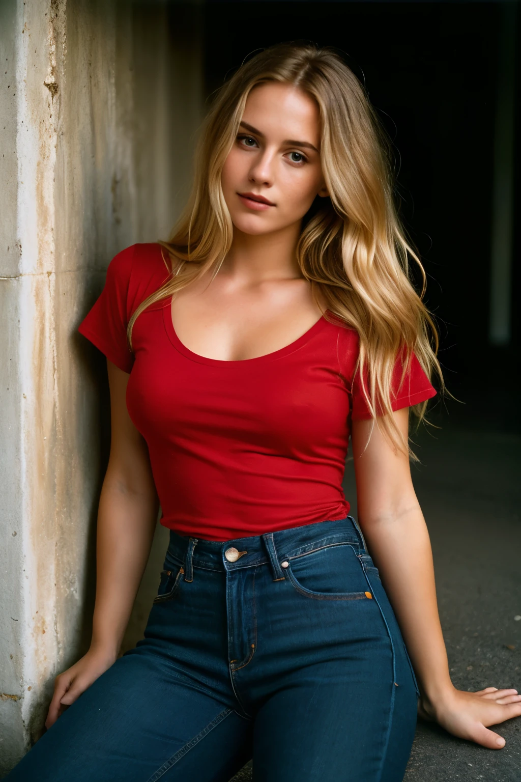 (photograph of a woman,woman with jeans and a t-shirt, editorial photograph of a 21 year old woman with long blonde hair), (highly detailed face:1.4) (smile:0.7) (background inside dark, moody, private study:1.3) , by lee jeffries, nikon d850, film stock photograph ,4 kodak portra 400 ,camera f1.6 lens ,rich colors ,hyper realistic ,lifelike texture, dramatic lighting , cinestill 800,wearing red dress lying on road, small boobs,
