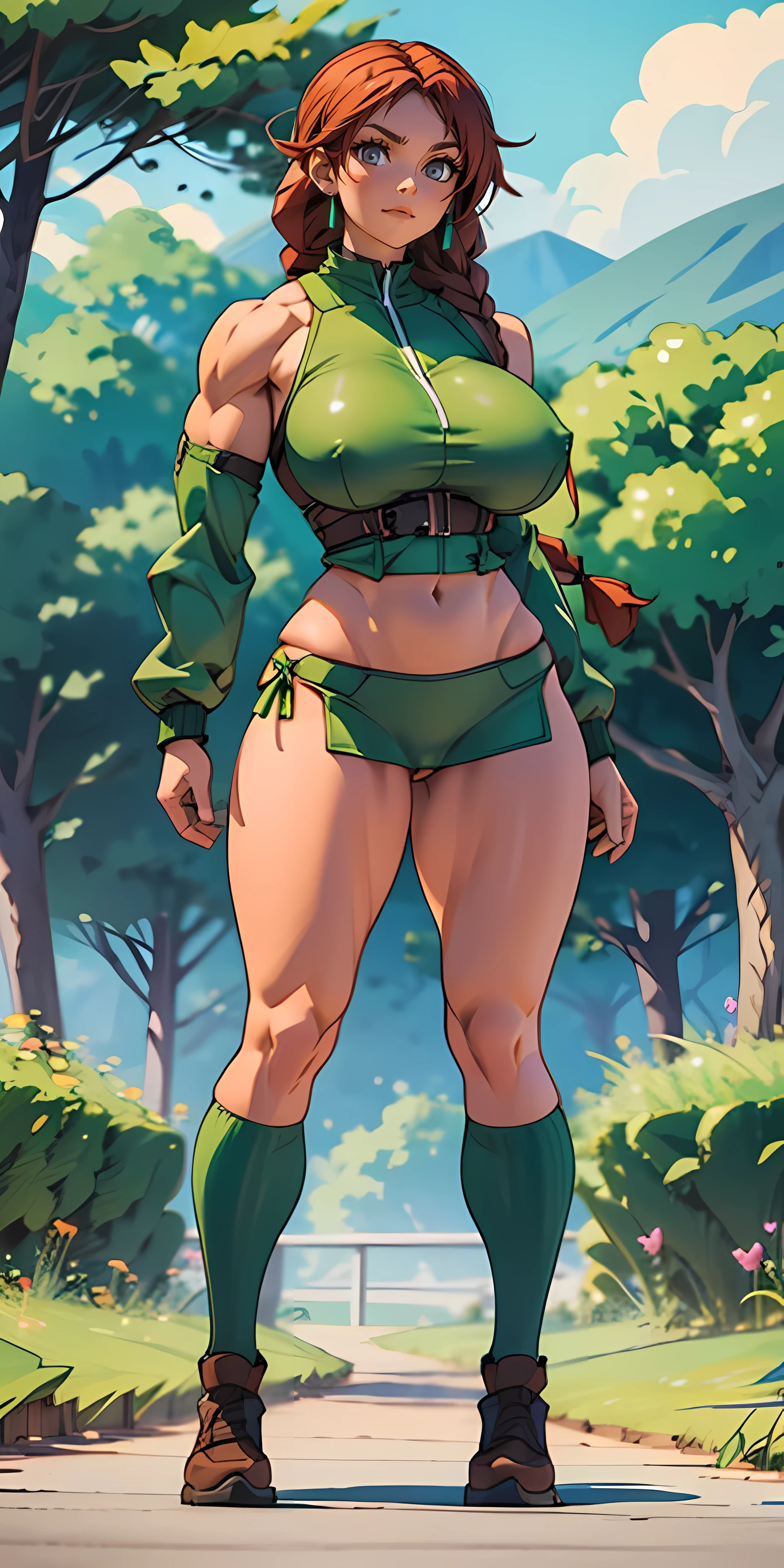 ((NSFW)), ((Muscular)), green eyes, girl, thick thighs, braids on her left side, ((wide hips)), (((Huge breasts)))