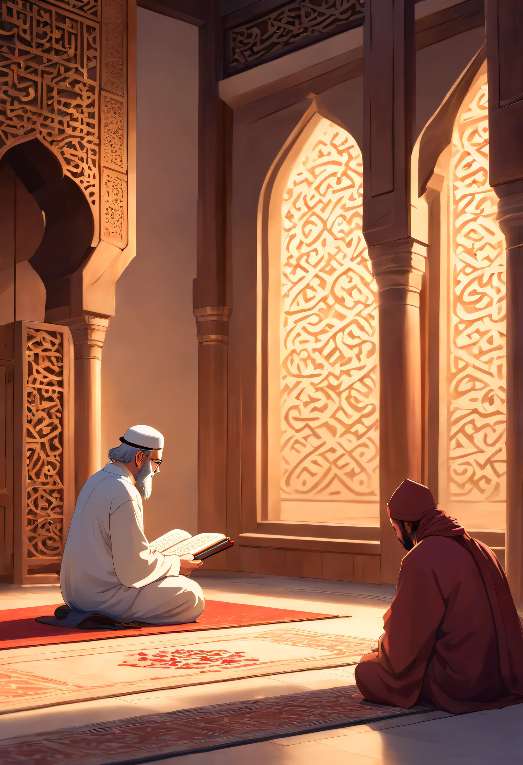 Man reading Quran in the mosque, back view, beautiful detailed eyes, long beard, white thobe, peaceful atmosphere, soft lighting, traditional architecture, wooden prayer beads, holy book, Islamic calligraphy, decorative tiles, intricate patterns, tranquil setting, prayer mat, spiritual devotion, quietness, serene ambiance, prayer room, religious practice, faith, devotion, tranquility, divine connection, religious ceremony, reverent atmosphere, Muslim worship, religious contemplation, deep meditation, sacred space, religious tradition, architectural marvel, timeless beauty, cultural heritage, Islamic art, spiritual enlightenment. (best quality, 4k, highres, ultra-detailed), (realistic, photo-realistic:1.37), vivid colors, soft lighting, sharp focus, bokeh. Islamic calligraphy style, warm color tones, natural light.