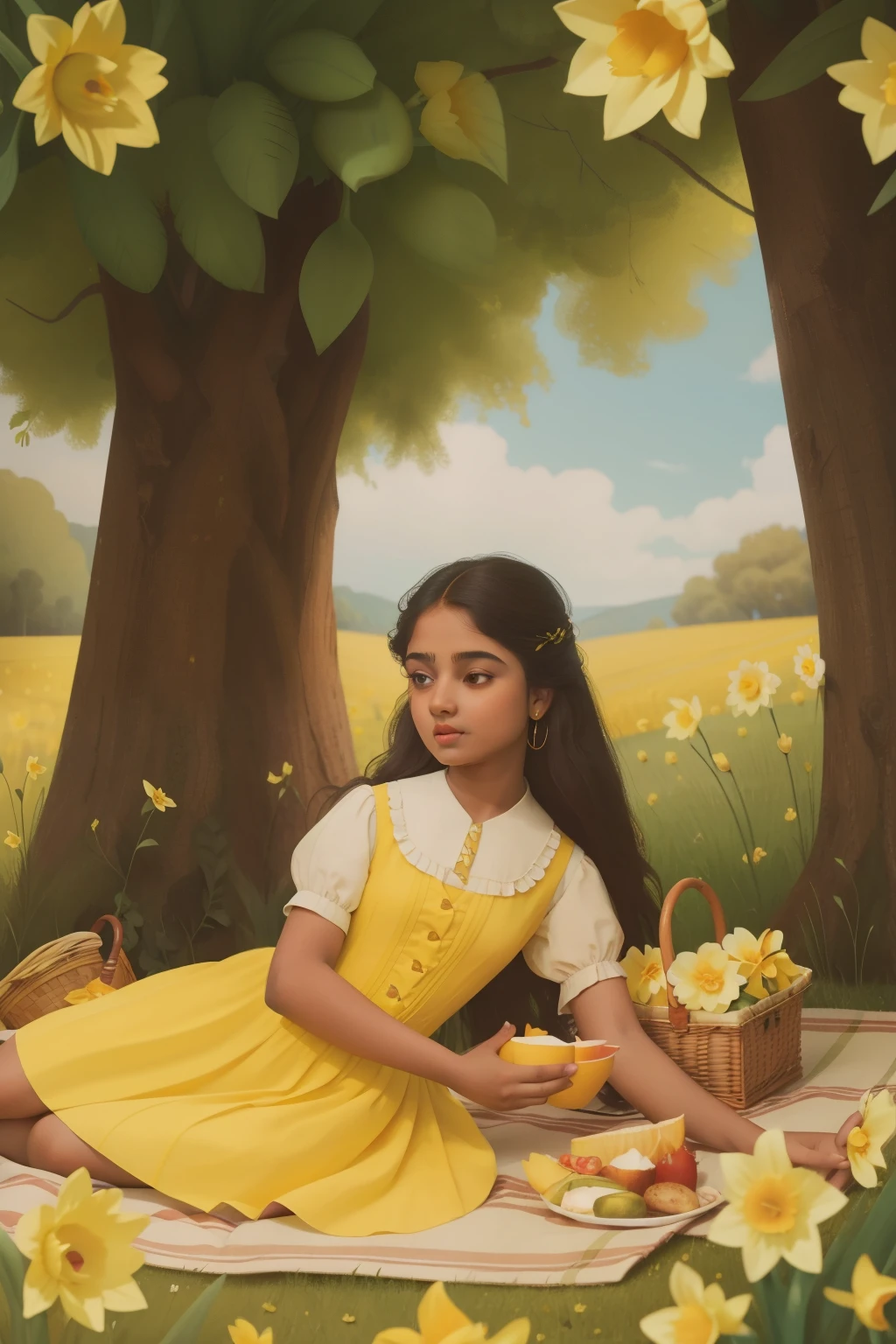 1680s Picnic Harmony at Daffodil Dell (Location: Daffodil Dell)
Character: An Indian teen girl, adorned in daffodil yellow, experiences picnic harmony at Daffodil Dell during the 1680s, reminiscent of Enid Blyton's idyllic settings.