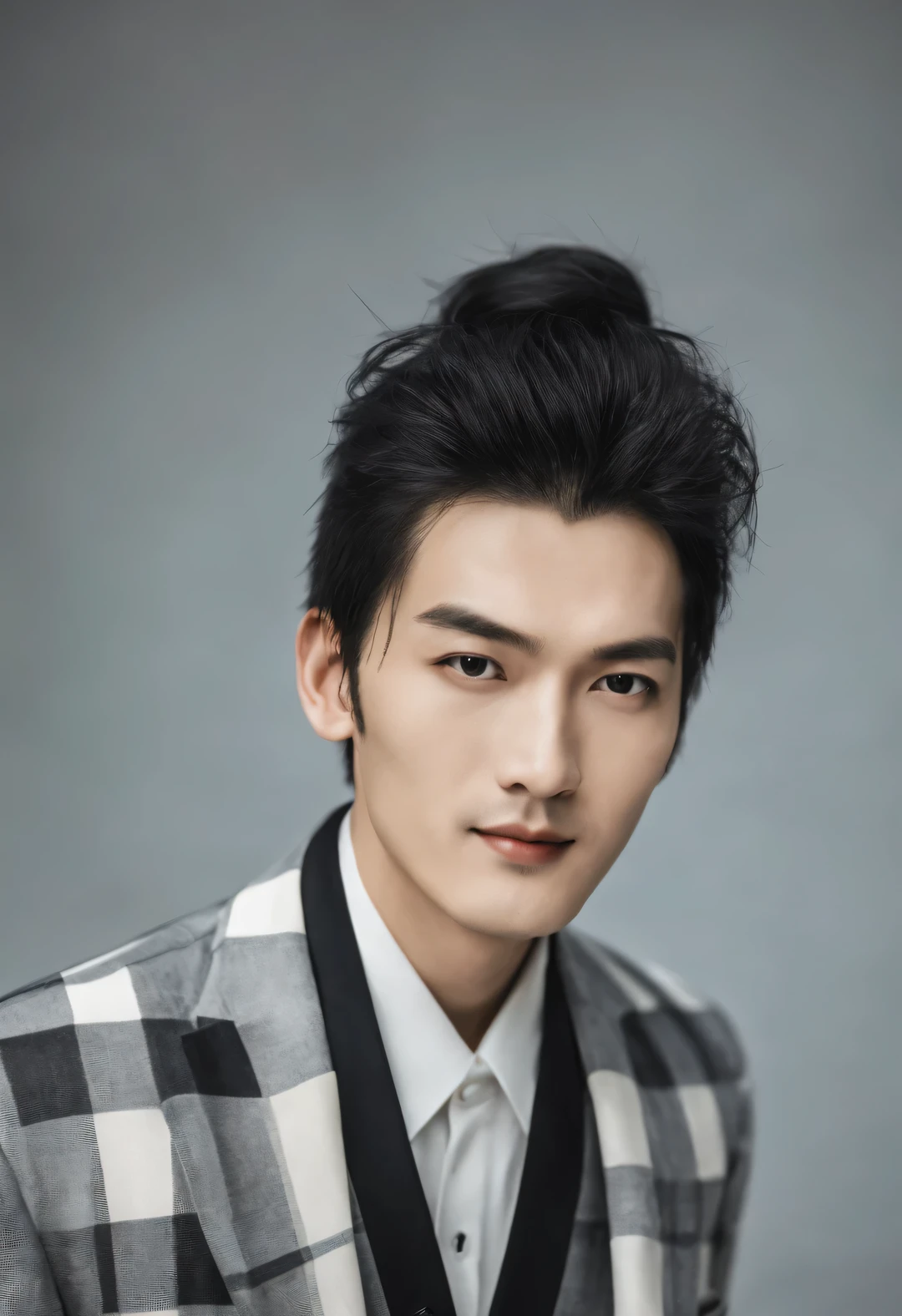（male character design），（Half-length close-up），（Close up of sad handsome Chinese man Pan An smiling），（Pan An is modern and fashionable in a gray plaid woolen coat：1.37），（(male character design), Half body photo, Staring at the camera, (Chinese handsome man Wei Jie) He has a handsome face, Has delicate facial features, Tall figure, Delicate and fair skin, eyebrows, and unparalleled appearance. His eyes were bright and vibrant, People can't help but fall in love with him. His hair is styled into a high bun, Make him very handsome. HD, high quality, HD Analysis, 32k, Surrealism,，Kingly style，Noble temperament，Inspired by Chinese actor Hu Ge，black and white，Chinese ink painting，black and white插画，Surrealism，HD，
