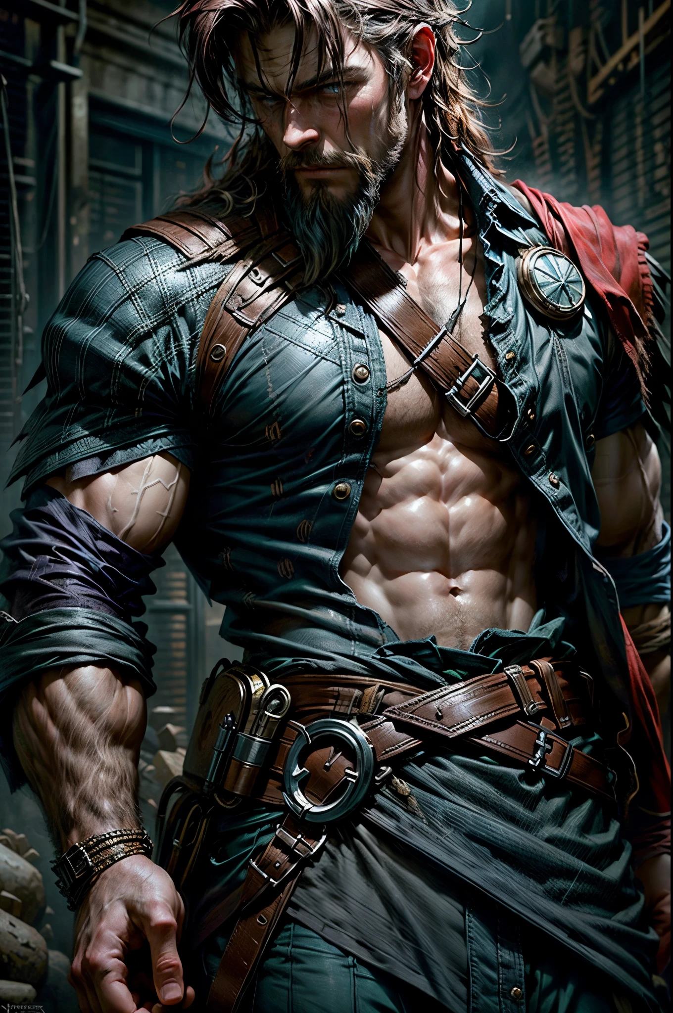Actor "Chris Hemsworth" how Thor from Marvel , Hombre maduro con barba, Ropa de tono rojo, Serio, Solo, Ojos de color azul, Cabello largo y color dorado, Ojos detallados, Rostro detallado, Cuerpo detallado y musculoso, Se muestra solo su rostro, Estilo de arte de Greg Rutkowski, Maximum quality and detail.