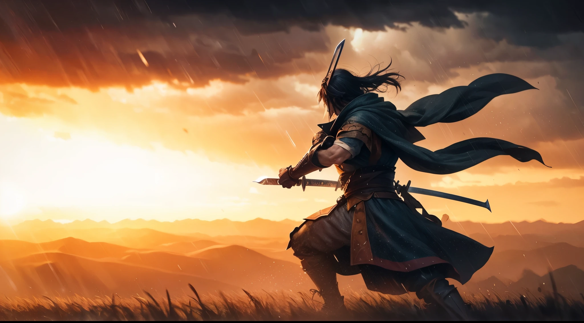 Photos of epic swordsmen fighting against wind and rain. sunrise