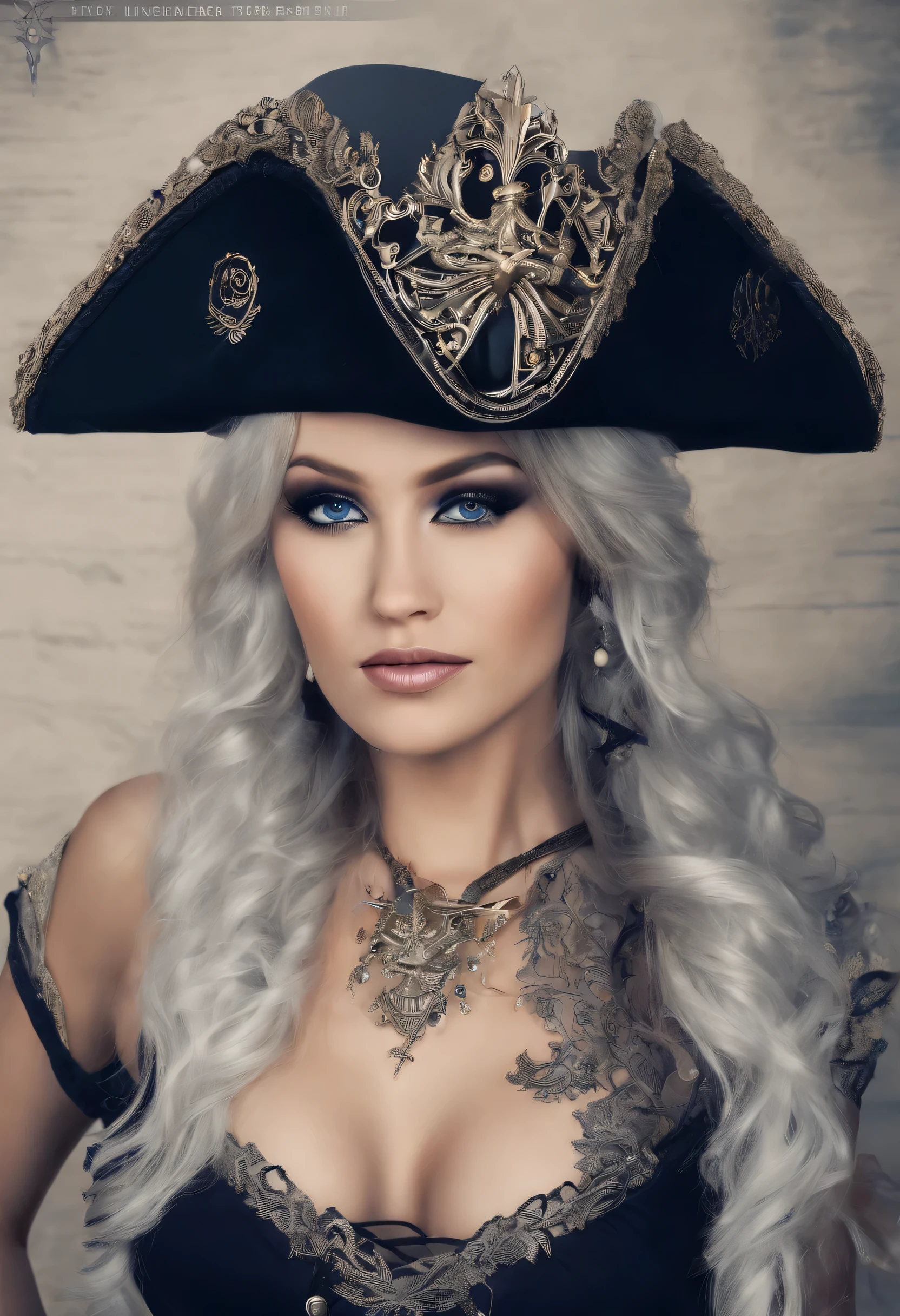 High quality, Super realistic pirate hat, 20 year old Pirate Maiden with heavenly beauty, rivaling the stars. Imagine, how she stands at the helm of a huge pirate ship in full view., silhouetted against the shimmering night sky of a crimson moon.. The vessel itself is a maritime masterpiece., decorated with intricate carvings, polished brass decorations and many mystical symbols from 1887.. " The Scarlet Moon Pirate wears a stunning ensemble, combining dark blue and silver tones., decorated with delicate lace and sparkling precious stones.. like a pendant hanging gracefully around her neck, highlighting her charming aura, Author: Yukisakura, high detail,