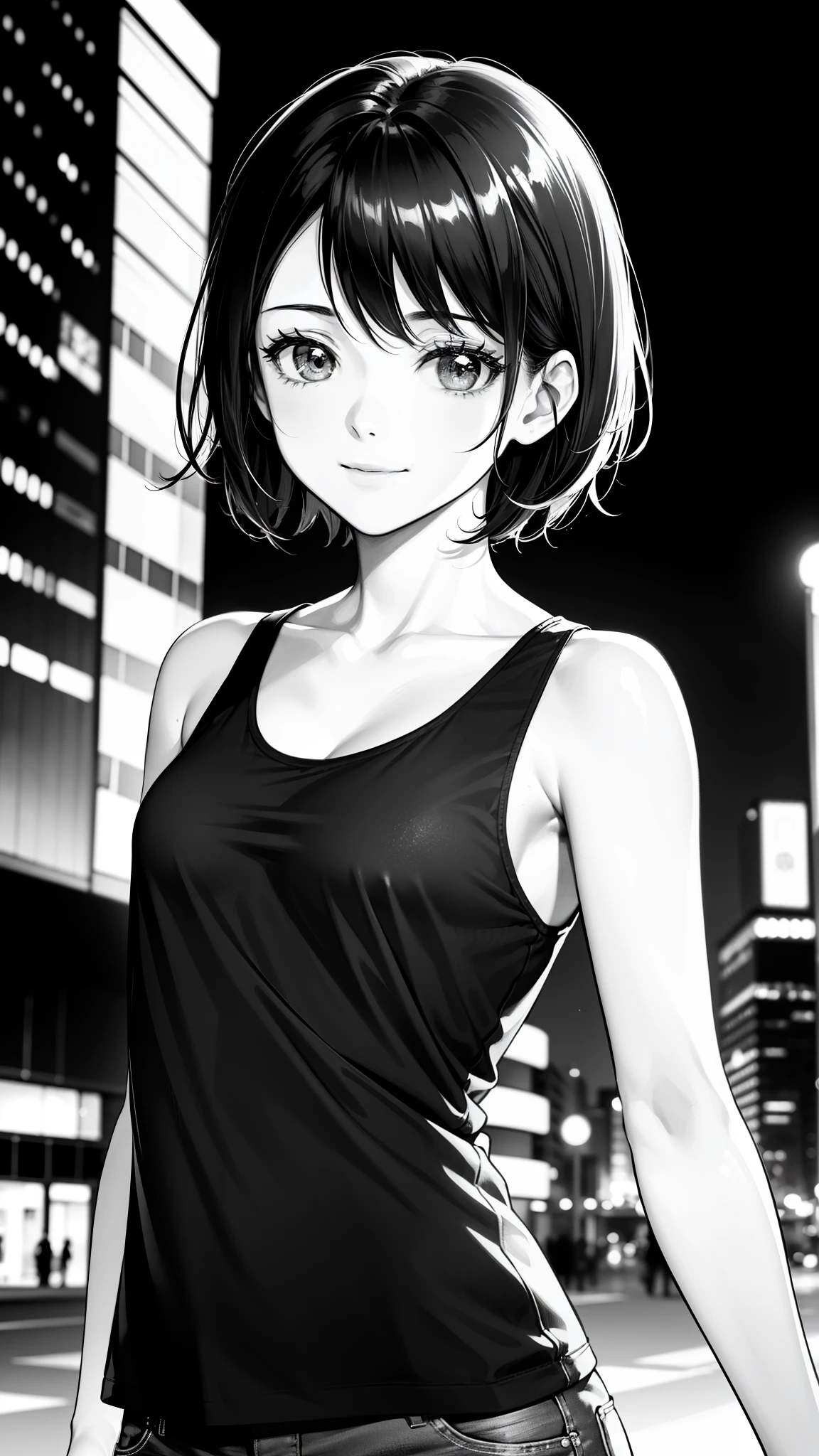{8k image}, beautiful woman, 24 years old, short black hair in the wind, small chest, wear a striped tank top, looking at the viewer smiling, face and body centered forward, focus on the face and bust, {centered image}, city background at night, manga lineart, detailed lineart, monochrome, black and white