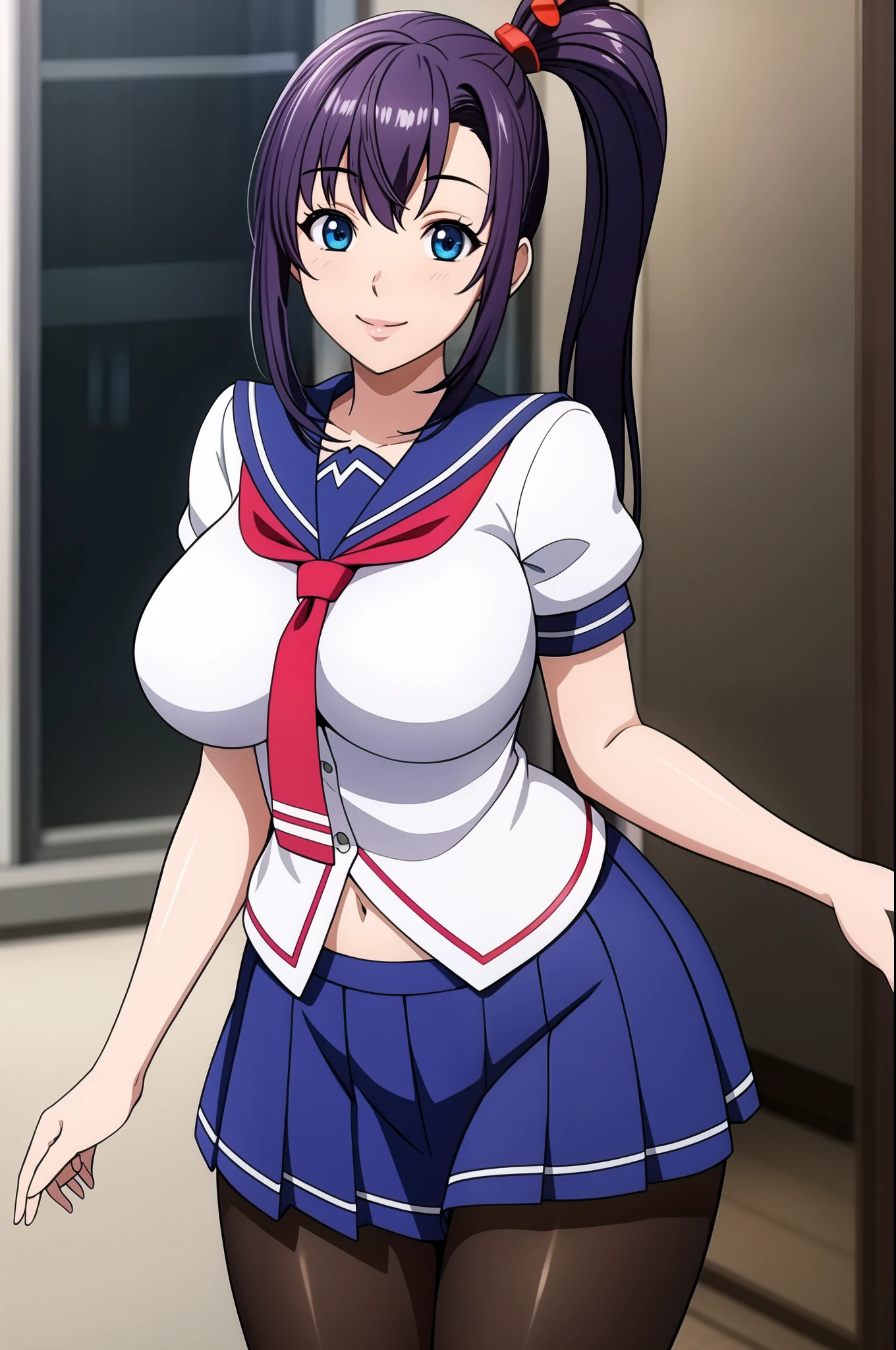 perfect eyes:1.2, detailed eyes:1.4, glossy skin:1.2, Blue sailor collar, school uniform, large breasts, skindentation, cowboy shot, pantyhose, serafuku, short sleeves, Red neckerchief, White shirt, Blue eyes, Purple hair, bangs, side ponytail, Hair ornament, 20yo, Young female, Beautiful Finger, Beautiful long legs, Beautiful body, Beautiful Nose, Beautiful character design, perfect balance, smile, 1girl, solo, (masterpiece:1.6, best quality), 8k, insane details, intricate details, hyperdetailed, hyper quality, high detail, ultra detailed, professional, HDR, ray tracing reflection, cinematic lighting,
