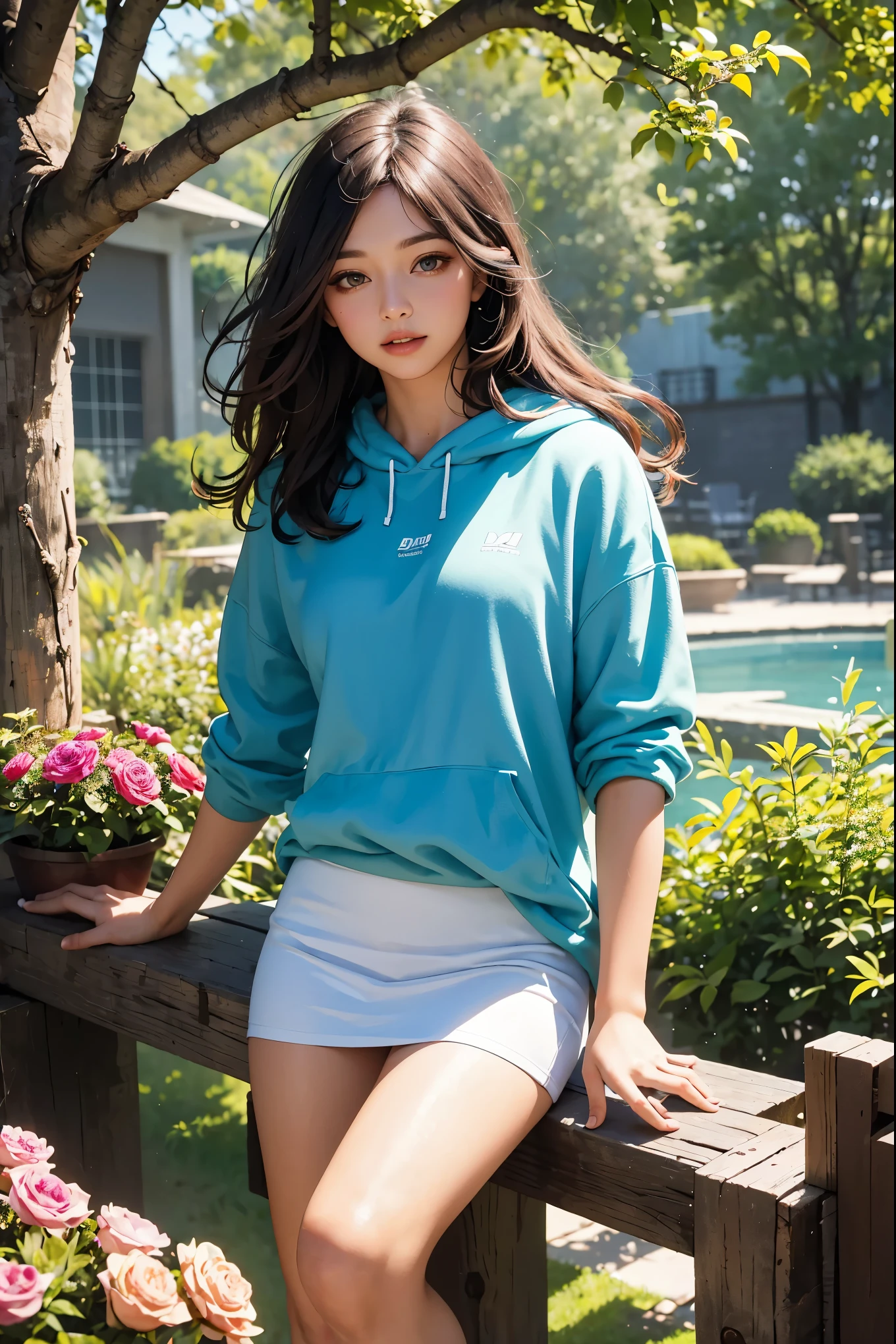 detailed eyes and face, oil painting, vibrant colors, sunlight, soft brushwork, sunlight filtering through trees, lively atmosphere, elegance, captivating expression, sunlight caressing her hair, mesmerizing gaze, garden full of blooming flowers, magical ambiance, ethereal beauty, delicate features, ac oversized t-shirt, ac hoodie