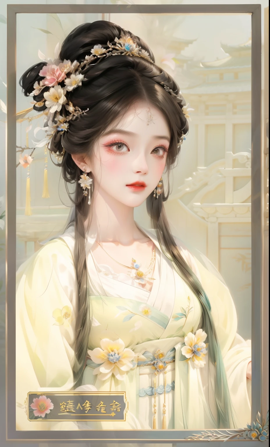 A close-up of a woman,There is a flower in her hairstyle and hair, ((beautiful fantasy queen)), beautiful fantasy queen, palace , A girl wearing Hanfu, chinese princess, Inspired by Qiu Ying, beautiful figure painting, Inspired by Lan Ying, Queen of China, Inspired by Ma Yuanyu, Beautiful rendering of the Tang Dynasty