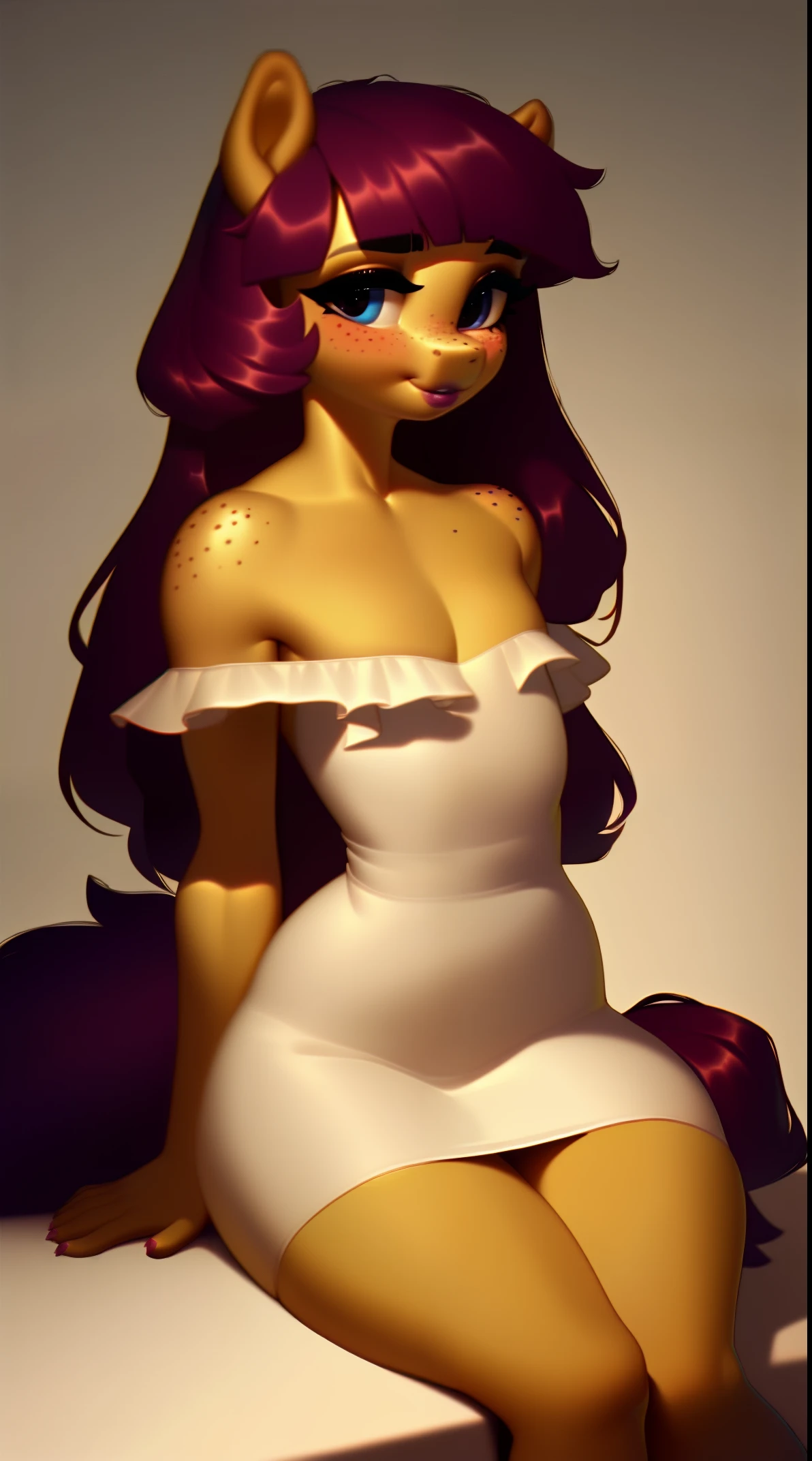 (score_9), (source_ derpibooru_p_95), (earth pony), ((anthro oc pony:1.1)), (shoulderless short sun dress), shy, blushing, solo, realistic long hair, bangs, anatomically correct, flat chest, curvy figure, high res, pink bottom lip, extremely detailed, tween, filly, absolutely stunning, freckles,