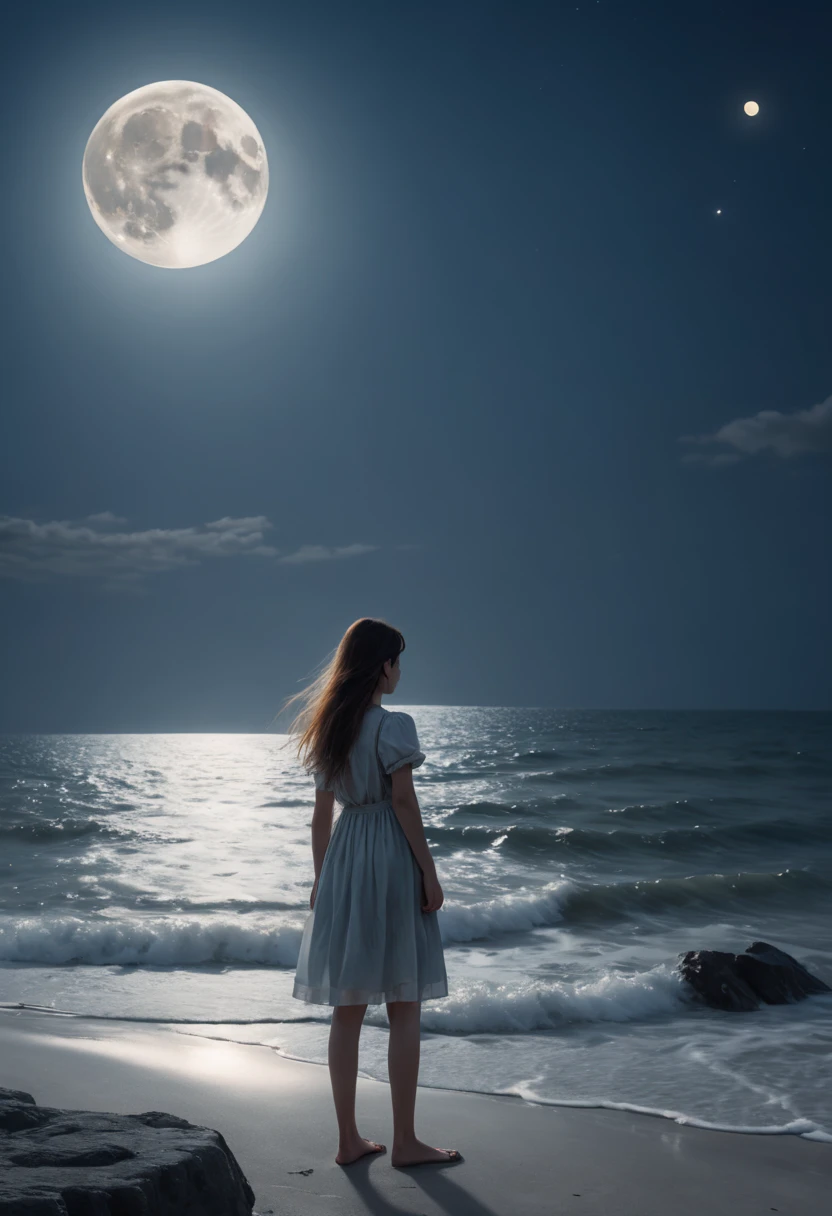 1girl standing by the sea, moon, by Gotik, best quality, masterpiece, 8k