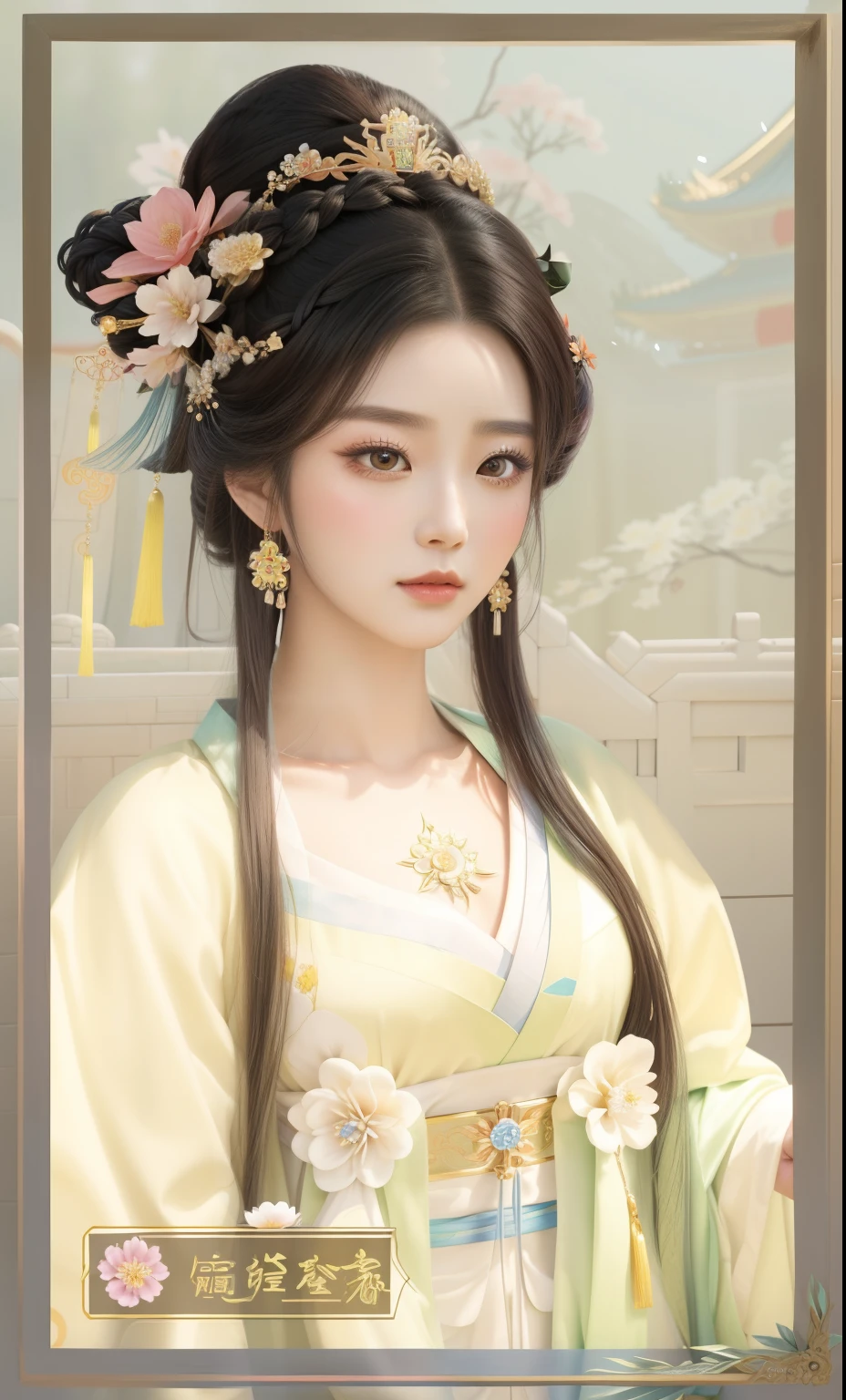 A close-up of a woman，There is a flower in her hairstyle and hair, ((beautiful fantasy queen)), beautiful fantasy queen, palace ， A girl wearing Hanfu, chinese princess, Inspired by Qiu Ying, beautiful figure painting, Inspired by Lan Ying, Queen of China, Inspired by Ma Yuanyu, Beautiful rendering of the Tang Dynasty