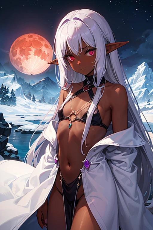 (Drowgirl), (flat chest),(Tanned), (dark brown skin), (two different eye colors purple and red), snow, mountains in the background, castle in the mountain, cold, snowflakes, long white hair, (big blood moon 1.5), Black magician robe, (long elf ears),(sad looking)