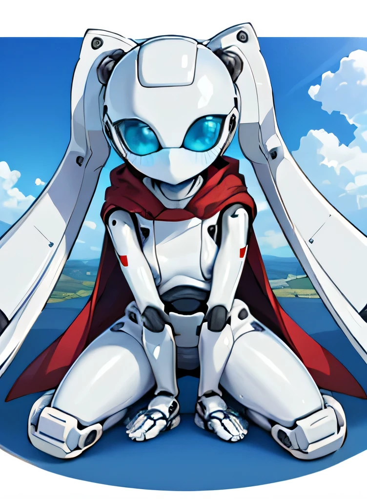 highest quality, (masterpiece:1.2, highest quality), (very detailed:1.3),perfect anatomy, thrush, 1 girl, alone，alone, No mouth, twin tails, blush, small breasts,robot,robot 関節, two mechanical eyes,white skin, blue eyes,Take-up, Are standing, spread your legs,white skin, blue eyes,posed for photo，high angle，(((Full body Esbian)))，Asahi,sunlight,Attaching a cloak,Flip your cloak,Creates a cohesive and visually stunning whole,