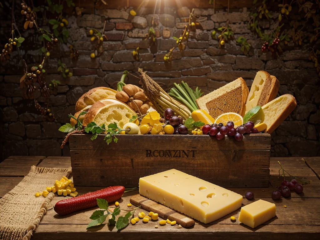best quality, realistic, vibrant colors, still life, fruits, vegetables, agricultural produce, ears of corn, bread, honey, cheese, wine, rustic background, natural lighting, crisp details, mouth-watering textures