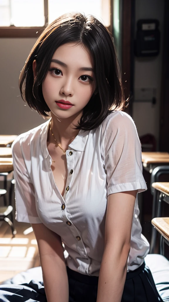 (highest quality、8K、16k、masterpiece、realistic、Super detailed、Beautiful in every detail、ray tracing)、photograph、
school classroom、
beautiful asian girl、Face like a Korean idol、18 year old female model、whole body、((school uniform))、
(detailed face、golden ratio of beauty)、gentle smile、detailed lips、fine eyes、black hair、bob hair、Idol style super cute face、Slim and beautiful body、beautiful breasts、Glossy skin、