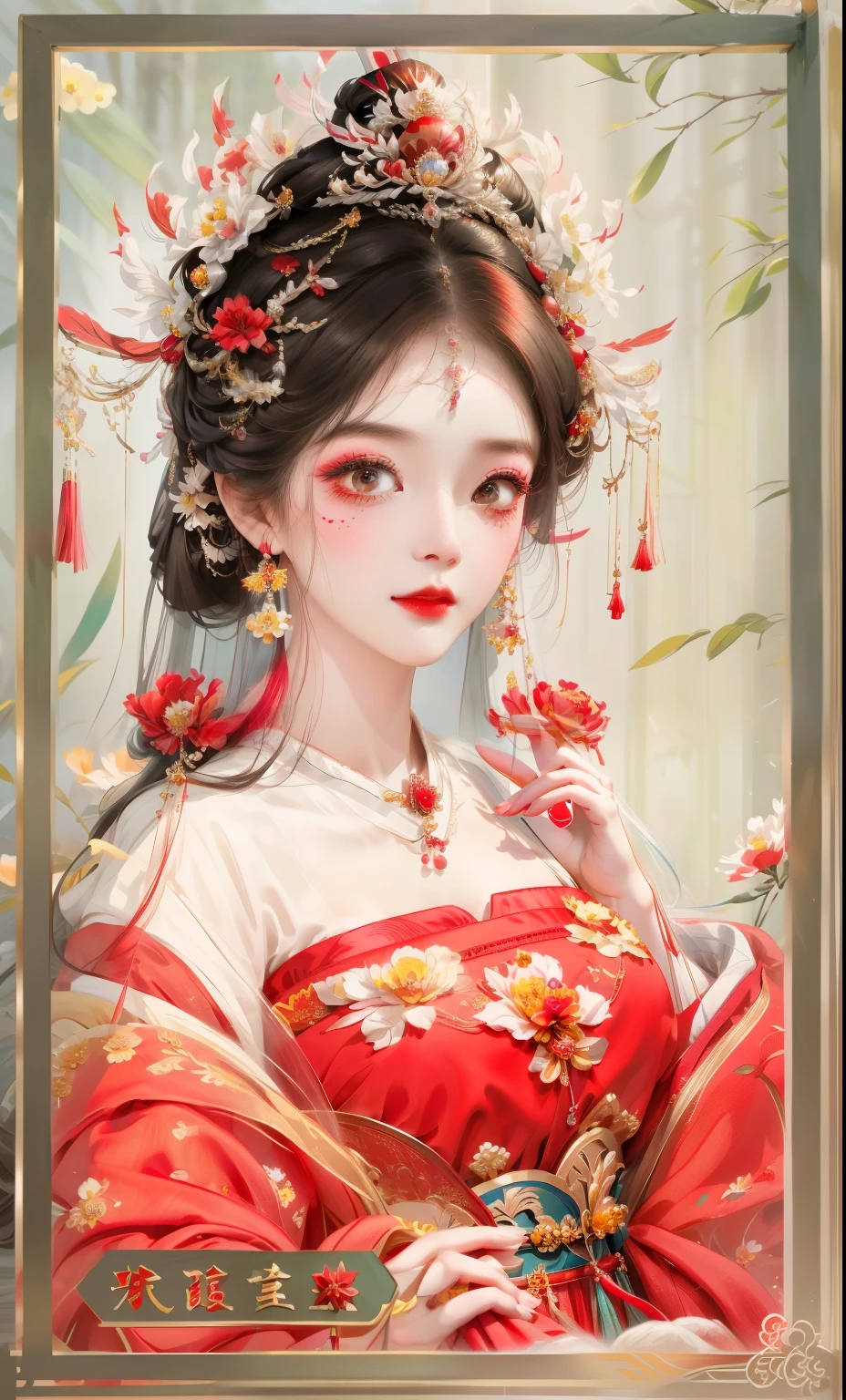 One wearing a red dress、Close-up of woman wearing flower crown, beautiful fantasy queen, palace , A girl wearing Hanfu, Queen of China, ((beautiful fantasy queen)), ancient chinese princess, Hungry Ghost Festival, Chinese style, Inspired by Lan Ying, Inspired by Puhua, chinese princess, Inspired by Qiu Ying, traditional Chinese