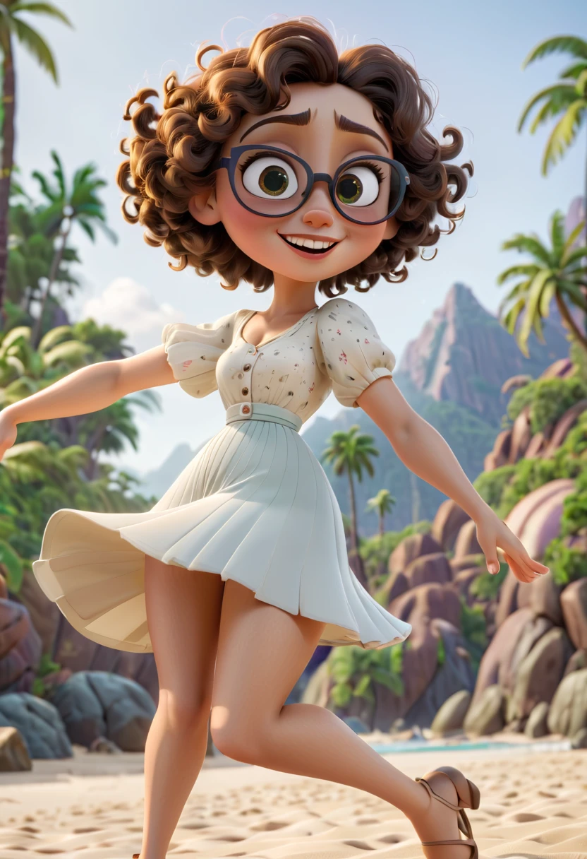 Pixar style image with 3D character white glasses brunette woman short curly hair dancing, Maquiagem Disney,Pescador, bonitinho, sorridente ,Close-up, Pixar, Disney, Cinema lighting