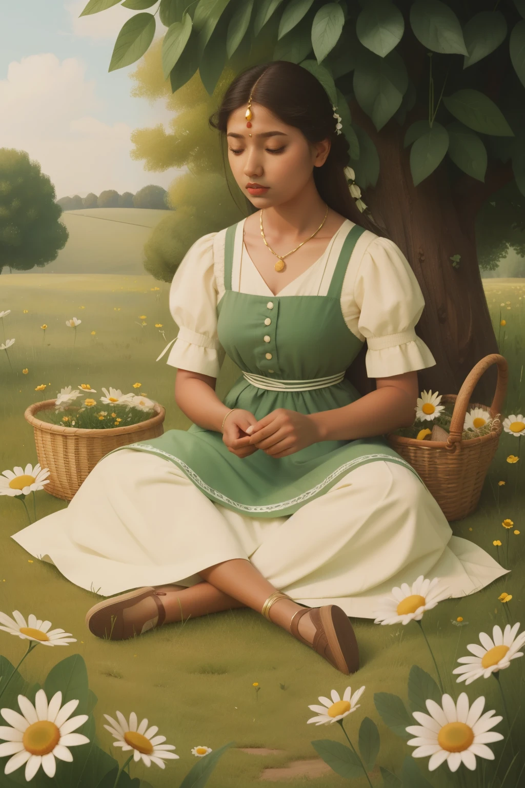1870s Delicate Daisy Chain Crafting (Location: Daisy Chain Meadow)
Character: An Indian adult, crafting delicate daisy chains, experiences domestic bliss at Daisy Chain Meadow during the 1870s, reminiscent of Enid Blyton's storytelling.