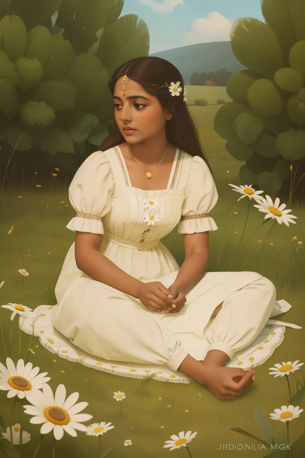 1870s Delicate Daisy Chain Crafting (Location: Daisy Chain Meadow)
Character: An Indian adult, crafting delicate daisy chains, experiences domestic bliss at Daisy Chain Meadow during the 1870s, reminiscent of Enid Blyton's storytelling.