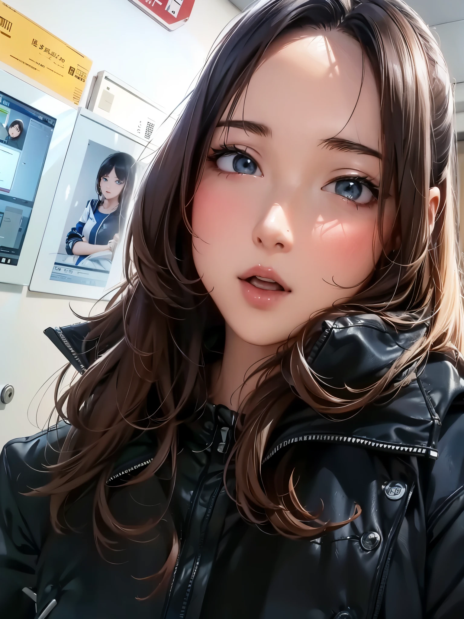 There is a woman taking a selfie in the office, wenfei ye, 28 years old, xintong chen, 8K selfie photo, 29 years old, 27 years old, 30 year old female, 30 year old woman, zeng fanzh, 32 years old, pengzhen zhang, qifeng lin