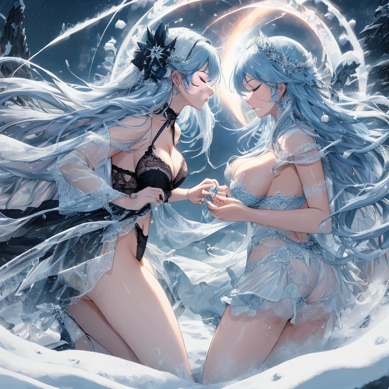 Masterpiece,bestquality,flat colour,night, 2girl,lingerie multi colored,ONLY panties,sexy,perfect boobs,no cloth BREAK,perfect face,perfect body,full body,closed eyes,COLORED HAIR,LONG HAIR,Curly hair,BREAK,looking each other,face to face,talking,look focus,BREAK,magic circle on the ground, with thunder,thunder arround them BREAK,they are on the top of a mountaine pic,snow,there is a tempest in the background
