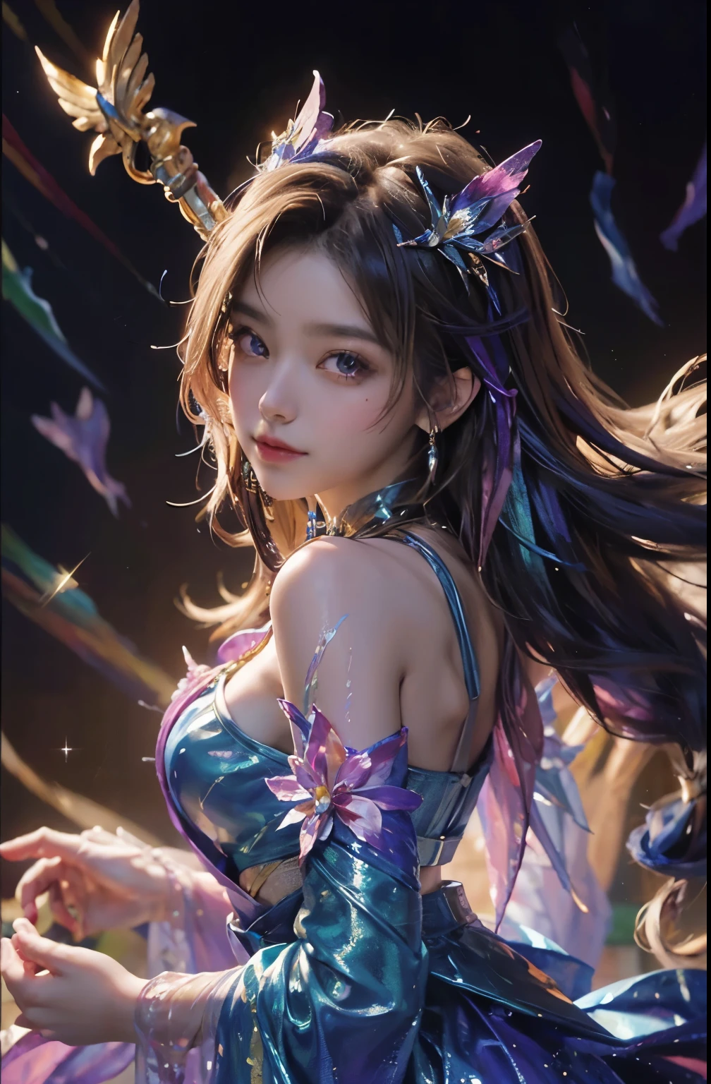 (Masterpiece, Top Quality, Best Quality, Extreme Detail, Supreme Detail, Official Art, Beauty and Aesthetics: 1.2), Colorful, Denim Shot, Upper Body Shot, Beautiful Face, Solo, Perfect Body, On Sky Clouds, Flying in the Sky, Portrait of a Girl, Silver Gradient Hair, (Black Hair| Pink hair: 1.2), fairy, flowing streamers, sexy, sun rays, clouds, full body, hanfu, chinese clothes, water, fireflies, night, starry sky, jewelry, feathers on dresses, peacock feathers, light particles, volumetric lighting, ray tracing (flowing streamers: 1.1), (fantasy novels: 1.2), illuminators, stars, fantasy, high contrast, ink strokes, overexposure, purple and red tone impressions, abstract, (watercolor paintings by John Berkey and Jeremiman)) brush strokes,