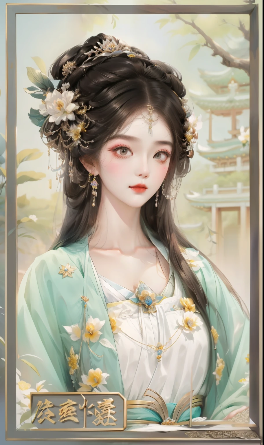 Close-up of woman with a flower in her hair, beautiful fantasy queen, ((beautiful fantasy queen)), ancient chinese princess, beautiful figure painting, palace , A girl wearing Hanfu, Inspired by Qiu Ying, Inspired by Lan Ying, chinese princess, Queen of China, ancient asian dynasty princess, Chinese beautiful woman, Chinese art style