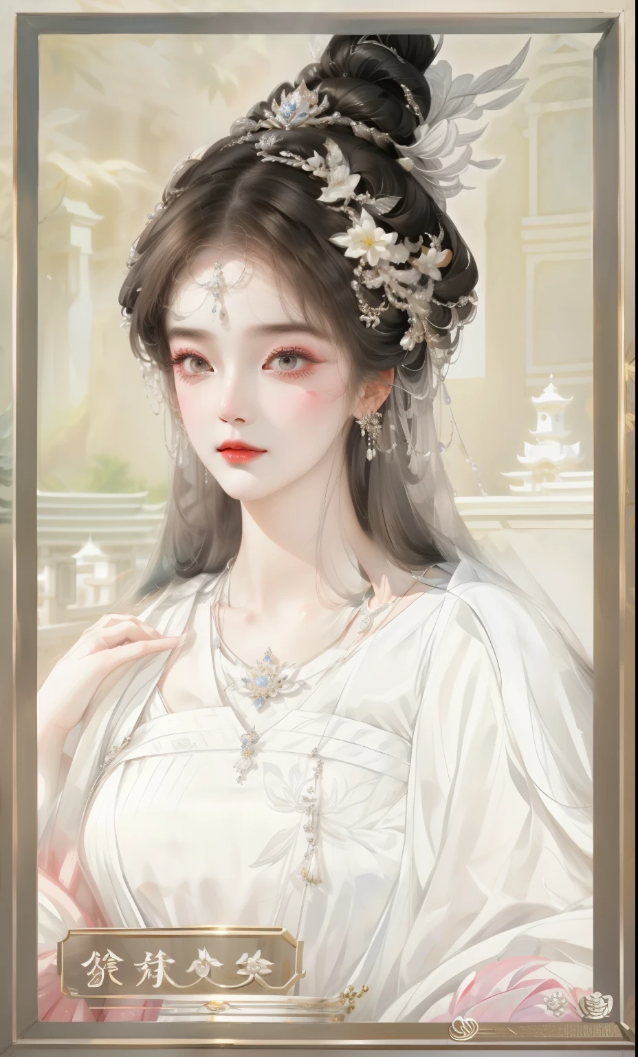 a close up of a woman wearing a white dress and a necklace, ((beautiful fantasy queen)), beautiful fantasy queen, palace , A girl wearing Hanfu, beautiful figure painting, Inspired by Qiu Ying, white hanfu, chinese princess, Inspired by Lan Ying, Chinese art style, Inspired by Huang Ji, Inspired by Zhao Yuan