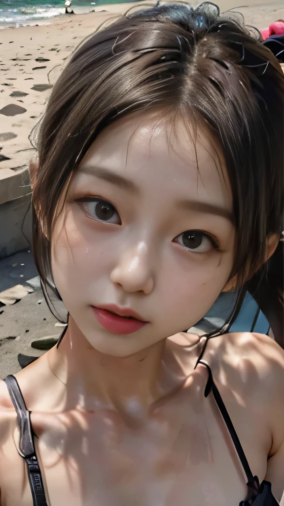 Slender Asian Girl, K-POP idol, ((beach volleyball)), ((highest quality, 8K, masterpiece: 1.3)), sharp focus: 1.2, beautiful woman with perfect figure: 1.4, Highly detailed face and skin texture, fine eyes, skinny, beautiful face, symmetrical face, full length, slightly naked, sexy, Partially visible chest