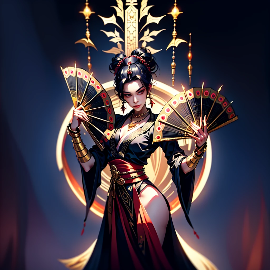 Queen, beautiful, necklace, black hair in 1 top knot,2 hair pins,sexy, design on clothes,milf,design on clothes,milf,form fitting kimono type clothes,plain kimono, red-mehroon fans, gold patterns,high quality,8k, slight smile, villainess , bandaged hands, red kimono:1.4, red black outfit with gold highlights, blank background 