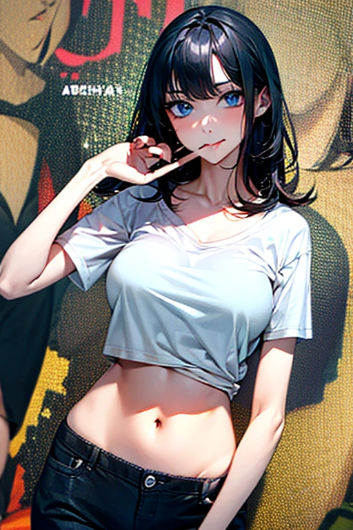 1girl, large breasts,clothes in mouth, cleavage, navel, t-shirt, ((bra)),clothes lift, shirt in mouth, black hair, blue eyes