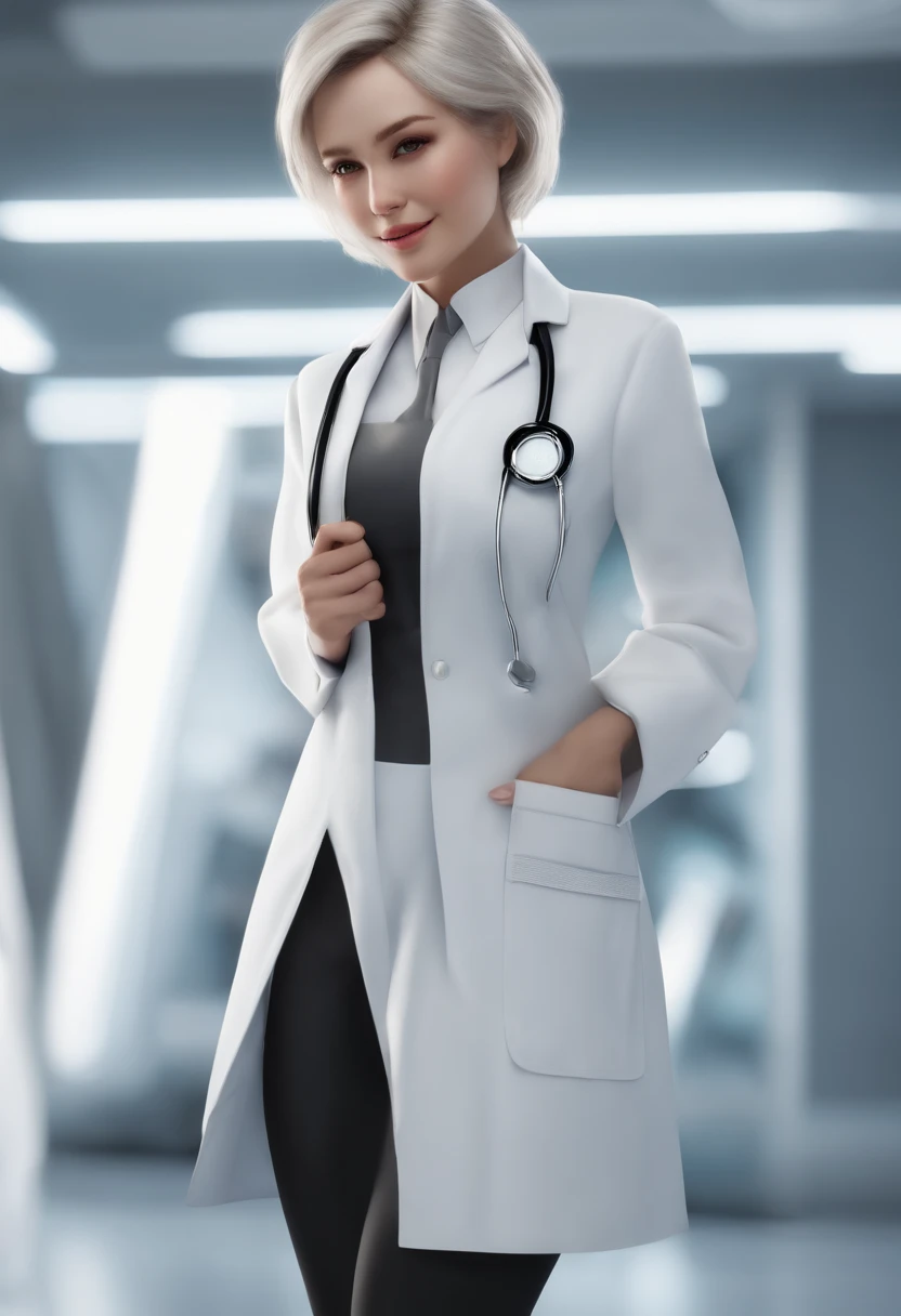 《AI role》。(((Virtual character design:Heart doctor。female,20 years old,white short hair,Exquisite facial features,Beautiful makeup,Skin details,Smile)))。((White technological nurse uniform))。((Super realistic details)), illumination, shadow and light, octane rendering, 8k, Super sharp,complex, Accessories details,Atmosphere