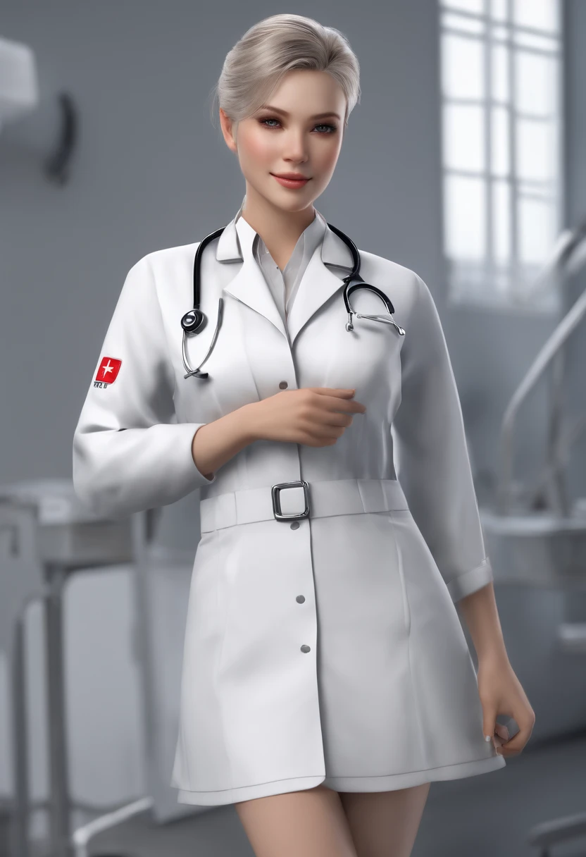 《AI role》。(((Virtual character design:Heart doctor。female,20 years old,white short hair,Exquisite facial features,Beautiful makeup,Skin details,Smile)))。((White technological nurse uniform))。((Super realistic details)), illumination, shadow and light, octane rendering, 8k, Super sharp,complex, Accessories details,Atmosphere