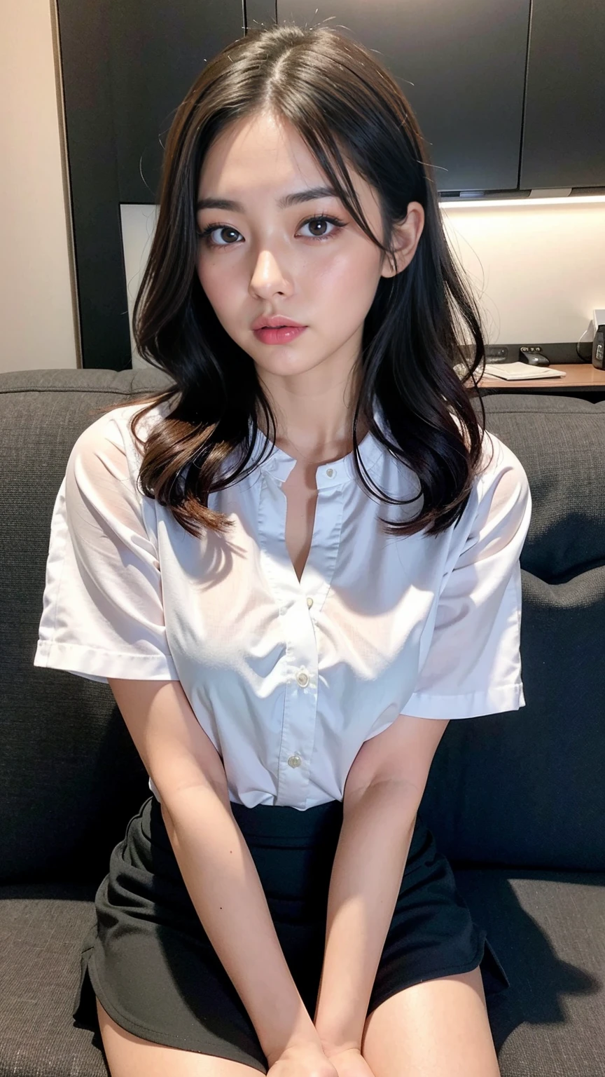 (8K、nffsw、Hi-Res)、((((a picture、Raw photography、Hyper-Realism、​masterpiece、top-quality、超A high resolution))))、(Pin Light、Back lighting、Back lighting、ciinematic light)、foco nítido:1。4、(Hyper-detailing、finedetail)、cowboy  shot、 1girl in、Egg-shaped face、Big, Beautiful eyes like a cat、small and slightly plump lips,,,,,、thick eyebrow、long and beautiful eyelashes。Transparent throughout makeup、There  a pink touch and sparkling lip gloss on the cheeks。Hairstyle  dark brown medium hair with wavy waves。Random and sexy poses,Random situations、large full breasts、cleavage of the breast、A smile、bokeh feeling、25-years old、(Drooping eyes 1.5)、 beauty、natural、japanes、(((Wearing a white shirt and black miniskirt)))、Small piercings、((Sit on the sofa in the president's office:1.3)), (In an office in a high-rise building:1.3),  ((Focus on Face:1.2)), (Cowboy Shot:1.2),