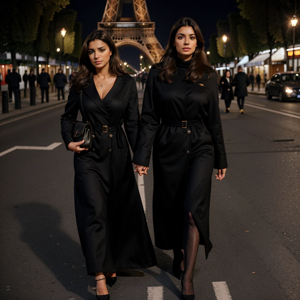une femme brune, Latina, 30 ans, cheveux ???? long, robe de marque Louis Vuiton, sac a main Hermes, dim lights, dans la rue, vue sur la tour Eiffel, mains parfaites, pieds parfaits, visage parfait, ultra realistic