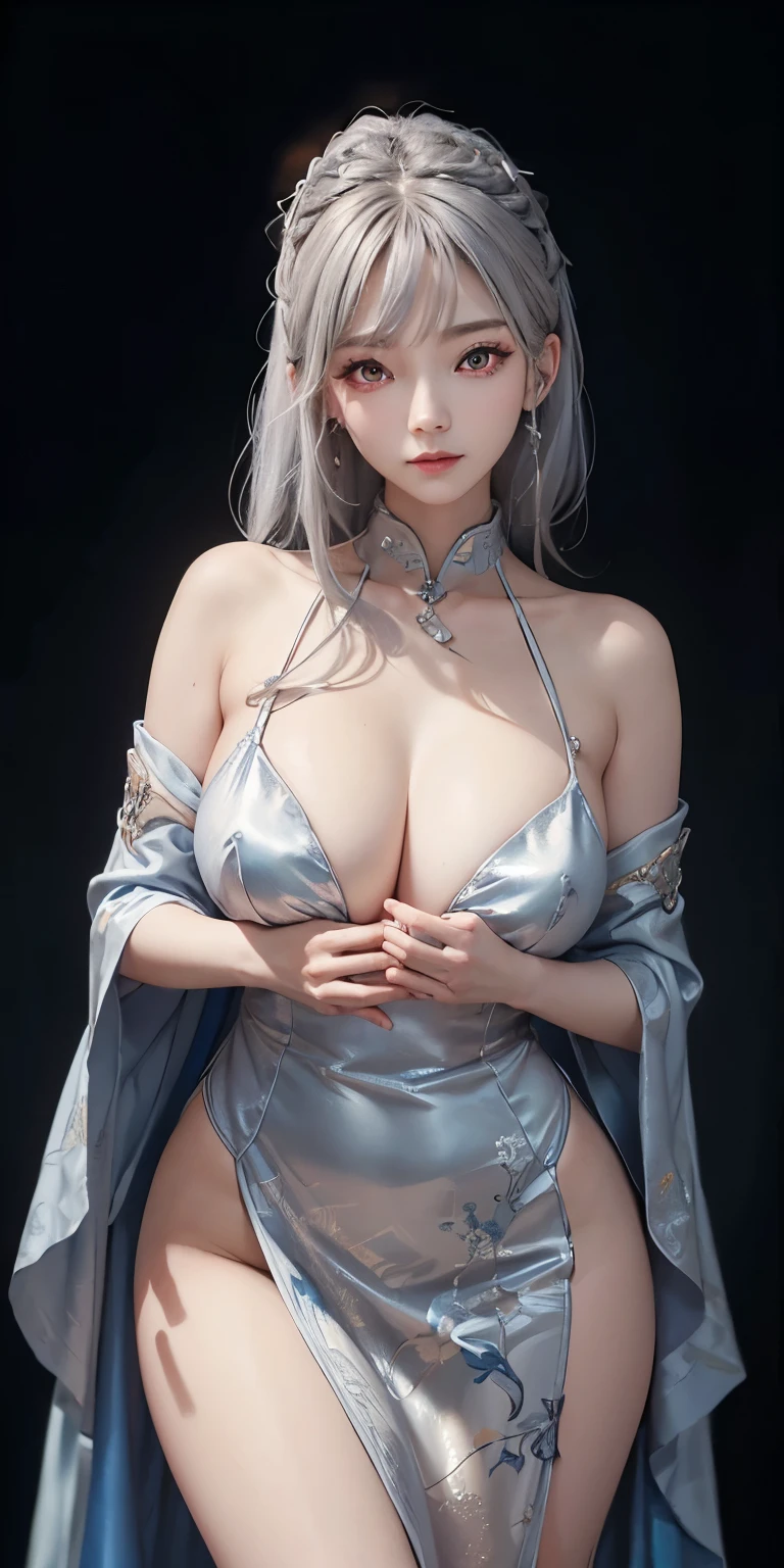 1girl,huge breast, silver hair, red eyes,high quality, ultra detailed, masterpiece, realistic, blue Chinese dress