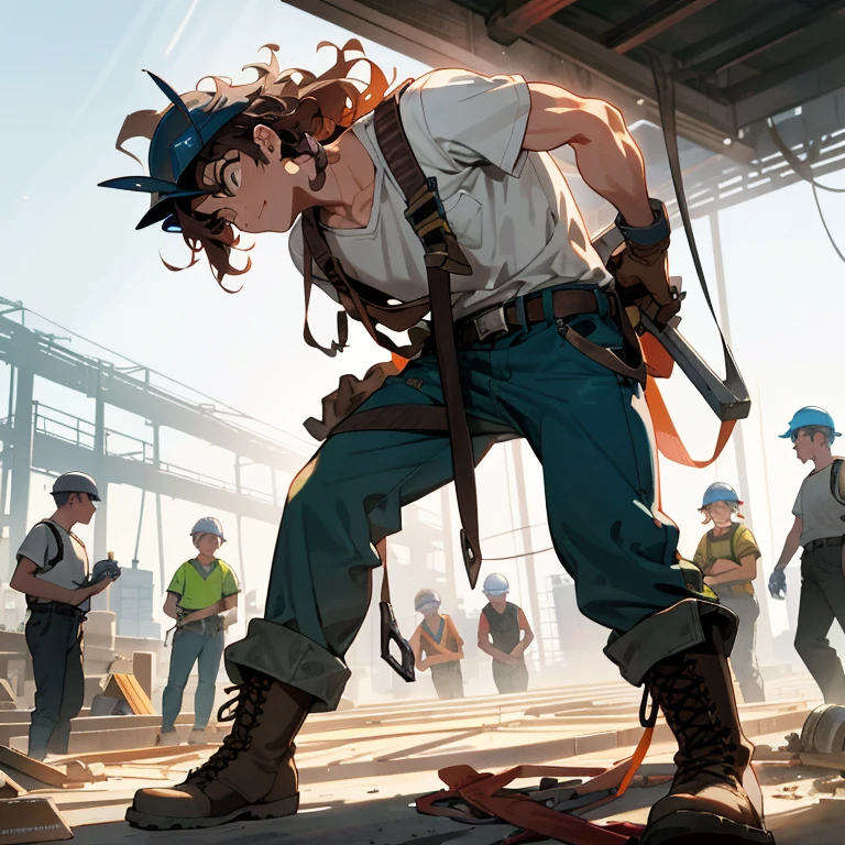 Amidst the bustling sounds of hammers clanging and machinery roaring, a group of workers, led by their stern-faced foreman, gathered for their morning assembly at the construction site. The sunlight filtering through the towering cranes cast long, intricate shadows across their hard hats and weathered faces.

One worker, with a freshly shaved head, looked away from the foreman's piercing gaze, nervously adjusting the strap of his tool belt. Another, with long, curly hair that had escaped the confines of his helmet, blushed profusely, tying his laces extra tightly on his steel-toed boots.

As the foreman