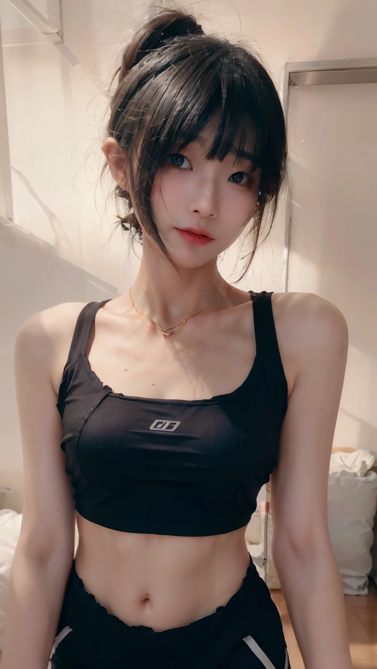 image of a beautiful Asian young woman name Sylvie,((Best quality, 8K, Masterpiece,realistic,photorealistic: 1.3)), (ideal ratio body proportions:1.5),(Sharp: 1.2),( Perfect athletic body beauty:1.4), handsome, tomboy girl,short stylist densed black hair,(detailed croptop shirt and short:1.3), light smile, detailed face and skin,inside a gym,( sweat:1.2),sexy,(medium big breast:1.3),cowboy shot, (detailed facial description), (detailed hand description), extreme light and shadow, ponytail hair, master's work, rich details