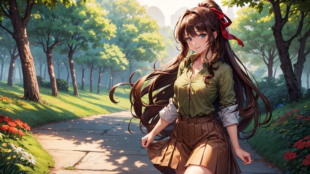 1girl, ((full body)), solo, village, trees, flowers, brown hair, long hair, curly hair, ponytail, blue eyes, large breasts, button down shirt, ((brown green shirt)), ((unbuttoned shirt)), ((short sleeved shirt)), red black skirt, smile, looking at the viewer, ((standng)), hair ribbon, golden necklate
