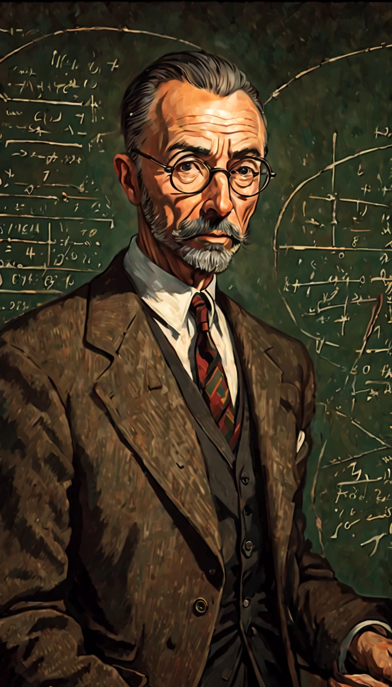 best quality,portrait's painting style,ultra-detailed,realistic colors,high-res, Robert Oppenheimer,eminent physicist,detailed face and expression,serious gaze,T-shaped glasses,beard and mustache,shadowy lighting, 1940s attire,tweed jacket and bow tie,background with scientific symbols and equations,vibrant and contrasted colors, oil painting effect,meticulous brushstrokes,aged canvas texture, intense and dramatic atmosphere,captures the complexity of Oppenheimer's character and contributions to the atomic bomb, inspires sadness and reflection, visible drawing lines, black formal suit, youn adult oppenheimer (around 26 years)