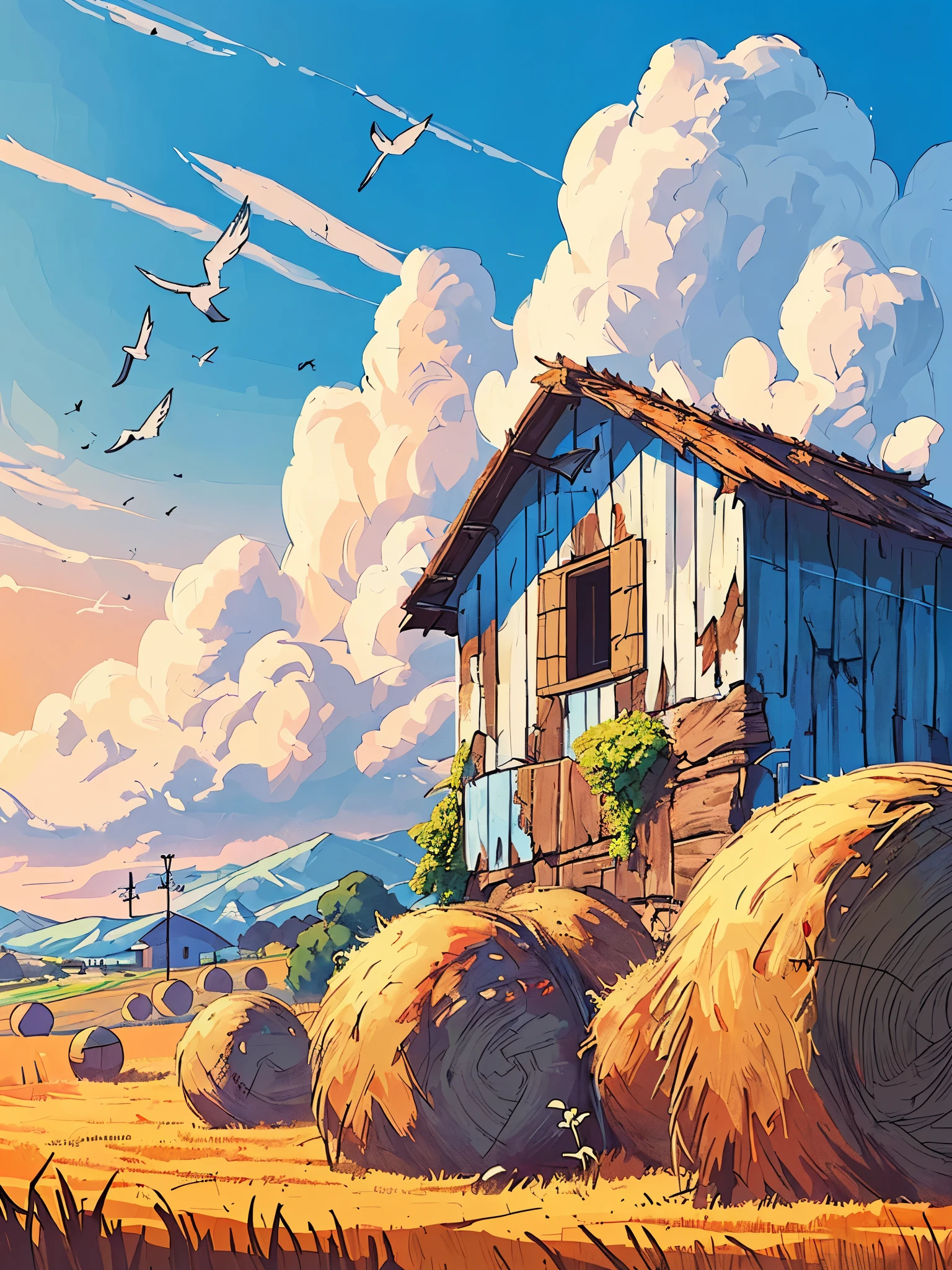 Draw an anime digital art  scene of hayballs near Italian country side broken hut with faded blue and white paint, fields, birds flying at a distance, clouds, vibrant sky, beautiful color palette, vibrant saturated colors, no human