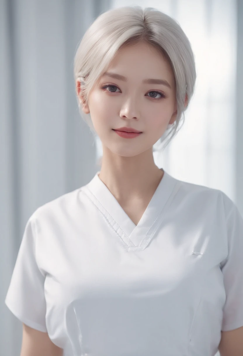 《AI role》。（（（Virtual character design：Heart doctor。female，20 years old，white short hair，Exquisite facial features，Beautiful makeup，Skin details，Smile）））。（（White technological nurse uniform））。((Super realistic details)), illumination, shadow and light, octane rendering, 8k, Super sharp,complex, Accessories details,Atmosphere