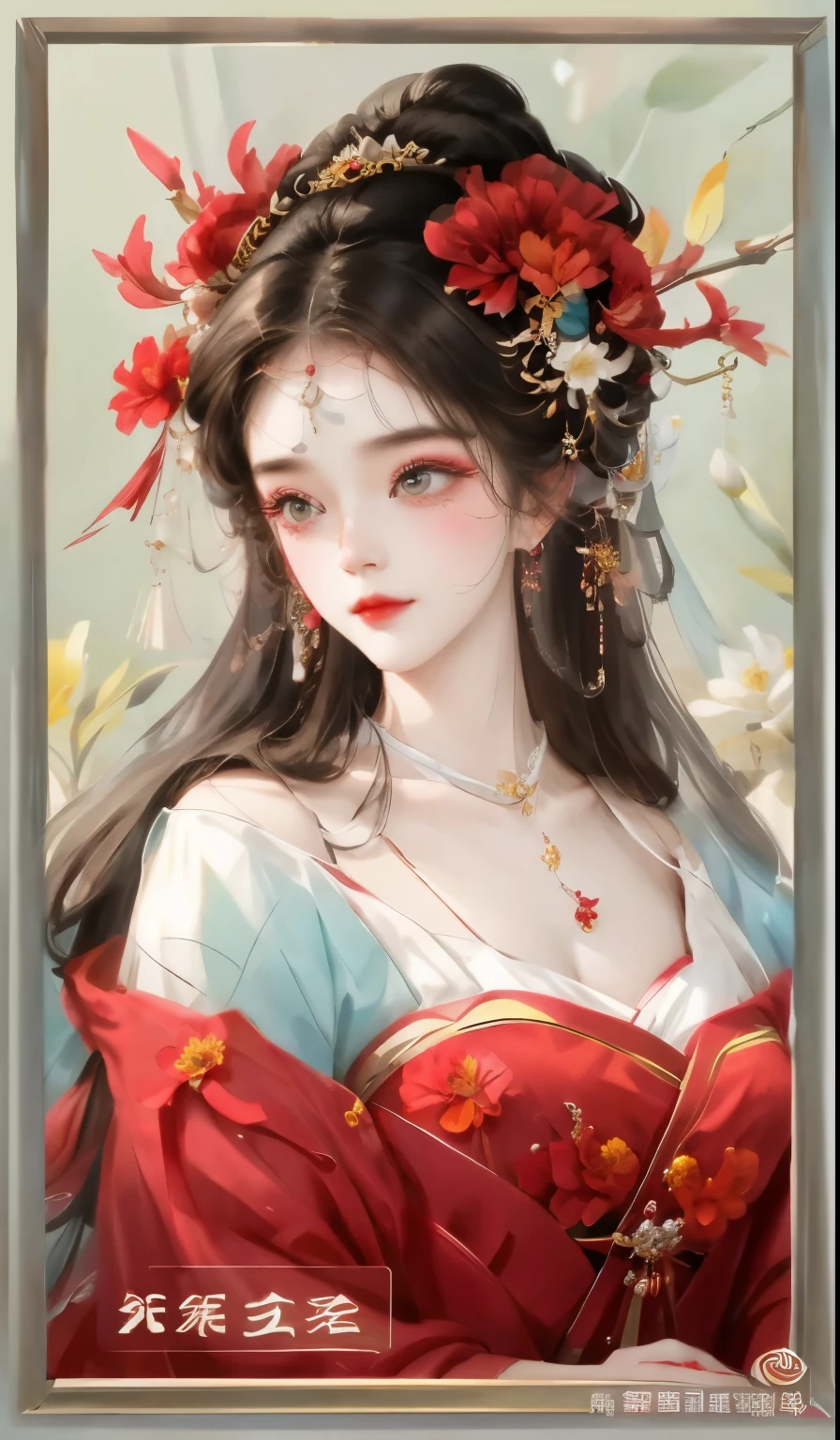 A picture wearing a red dress、Painting of a woman with a flower in her hair, beautiful fantasy queen, ((beautiful fantasy queen)), Inspired by Lan Ying, Inspired by Du Qiong, ancient chinese princess, Inspired by Qiu Ying, beautiful figure painting, Inspired by Zhu Lian, Queen of China, chinese princess, Inspired by Puhua