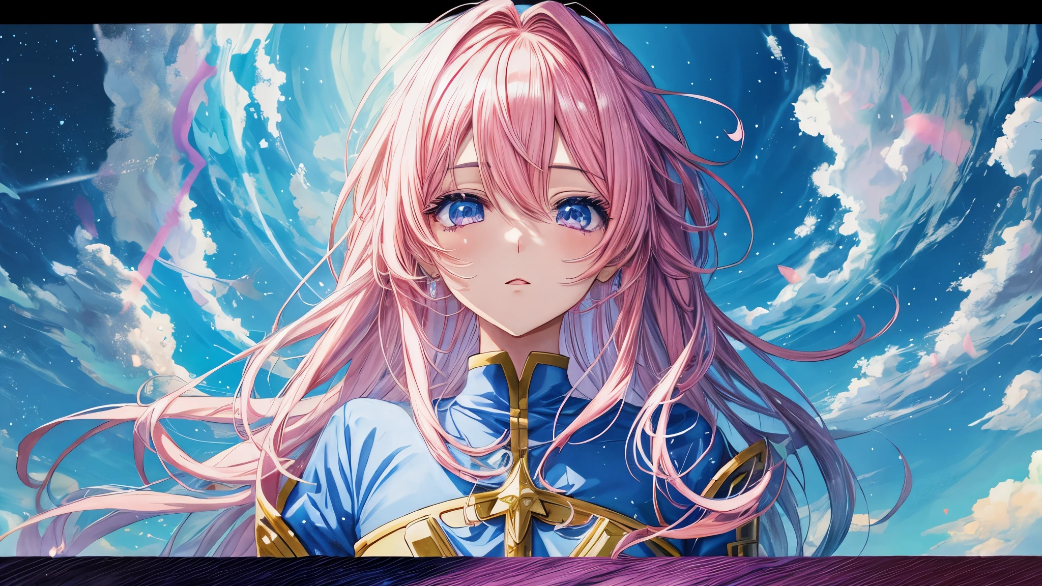 Chica anime con cabello rosado y ojos azules con un vestido azul., retrato, caballeros del zodiaco, girl, detailed arte animado digital, hermoso retrato animado, anime girl with cosmic hair, Cabello rosado y ojos cian., estilo anime 4k, arte animado digital, anime fantasy illustrations, anime fantasy illustration., retrato chica anime, anime in fantasy style, arte detallado del personaje de anime