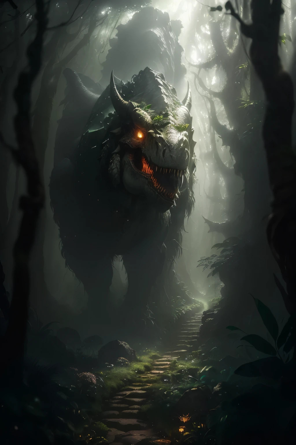 ((Mega detailed CG unity 8k wallpaper, artwork)), high contrast, thick fog, asteroid, prehistoric creature, ancient jungle, emerald greenery, mystical lighting, leaf cutter ants marching along the forest floor, majestic Tyrannosaurus Rex looming in the background, adorned with a crown of vibrant flowers. The scene is both awe-inspiring and mysterious, as the dense fog obscures the full view of the asteroid, adding an element of suspense and intrigue to the composition. The intricate details of the artwork bring the prehistoric era to life, showcasing every scale and feather of the T-Rex, every lush leaf and delicate petal of the jungle flora. With its cinematic quality and ultra-realistic rendering, this masterpiece transports viewers to