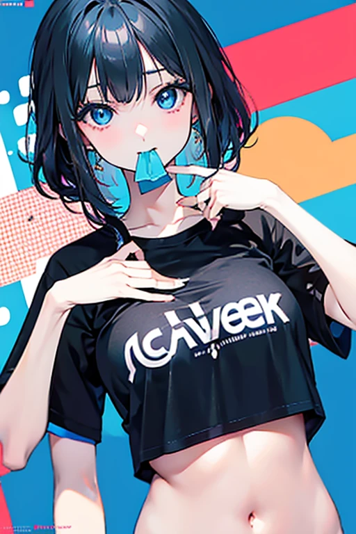 1girl, large breasts,clothes in mouth, cleavage, navel, t-shirt, ((bra)),clothes lift, shirt in mouth, black hair, blue eyes